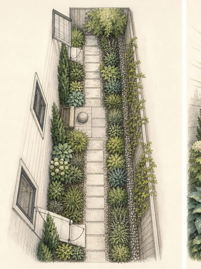 Overhead side-yard plan with a continuous access route, utility clearances, changing light zones, planting pockets, and an open end view