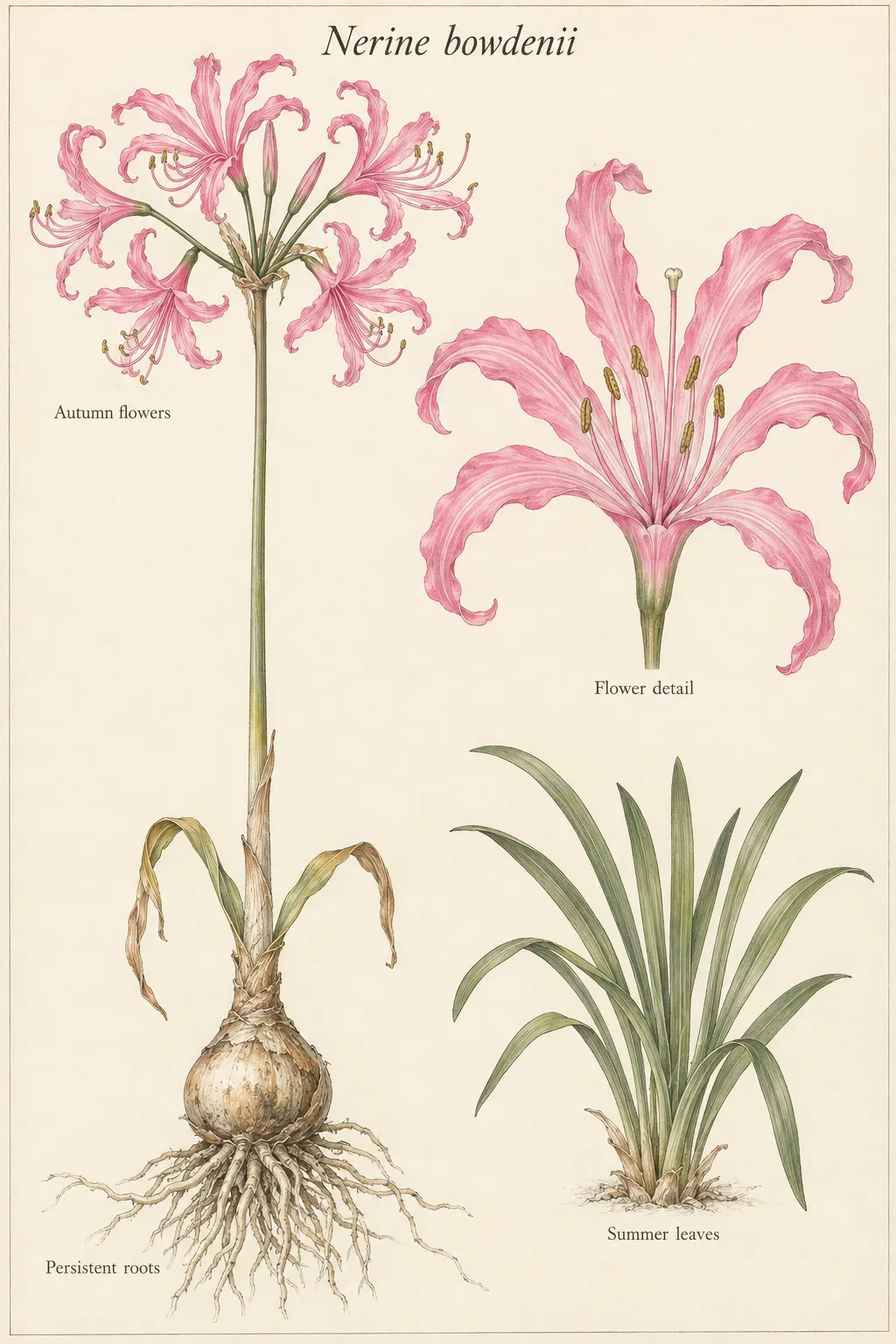 Nerine bowdenii identification plate with autumn flower stem, enlarged wavy pink flower, summer strap leaves and persistent bulb roots