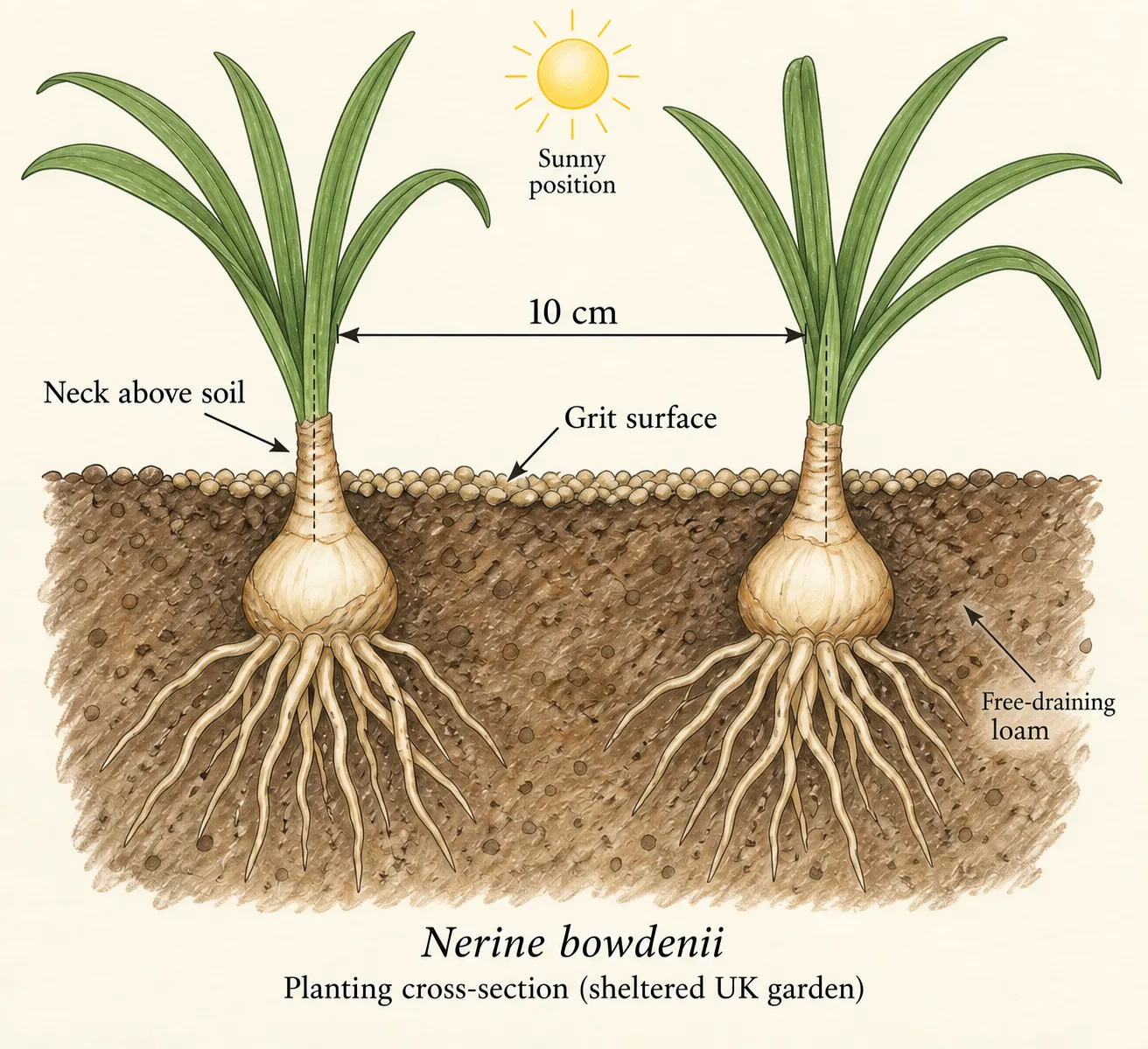 Cross-section of two Nerine bowdenii bulbs showing exposed necks, buried bulb bodies, persistent roots and 10 cm center spacing