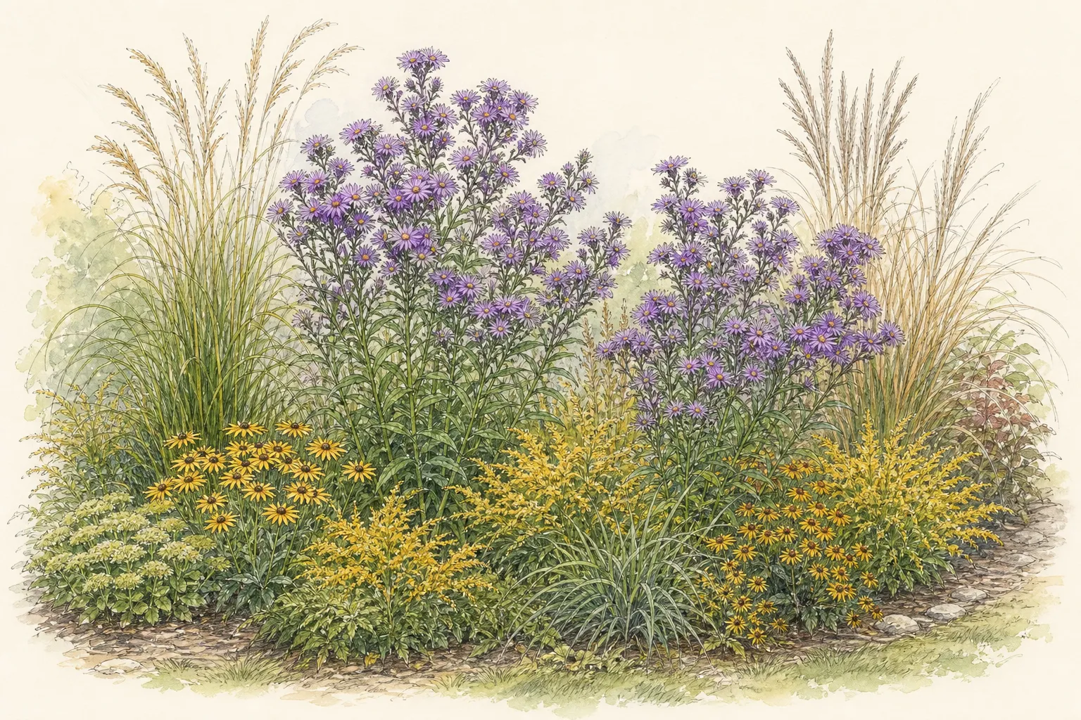 Garden placement study showing mature New England Aster in an ornamental planting