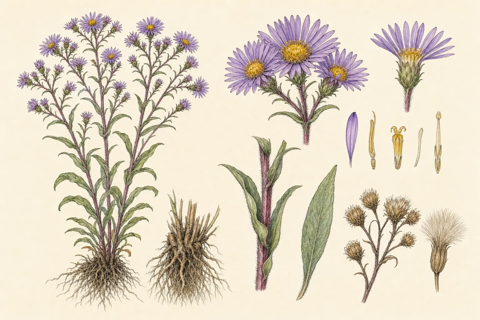 Botanical identification plate of New England Aster, Symphyotrichum novae-angliae