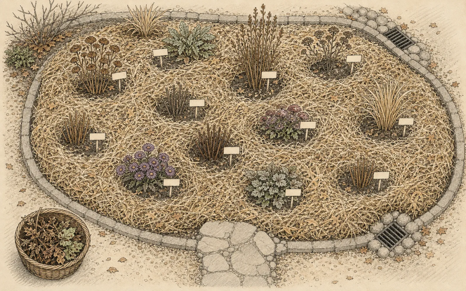 Overhead perennial bed plan shows open crown wells within loose straw, evergreen retainers, paths, and clear drainage outlets