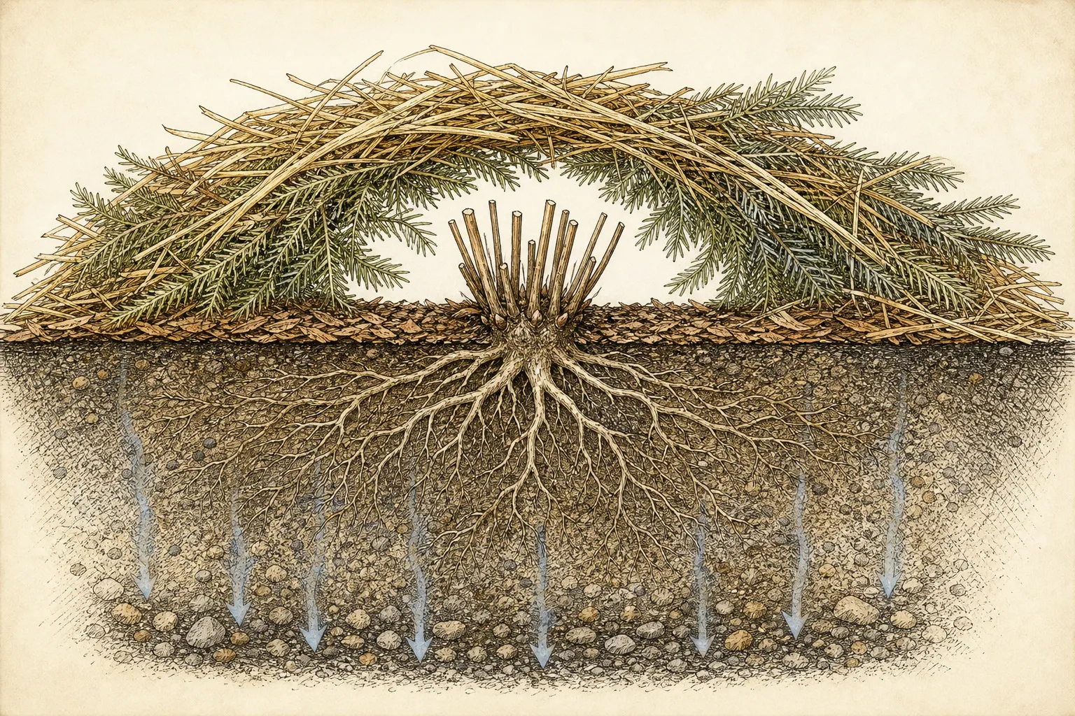 Soil cutaway shows a new perennial crown at grade beneath an arched loose blanket with roots and drainage arrows below