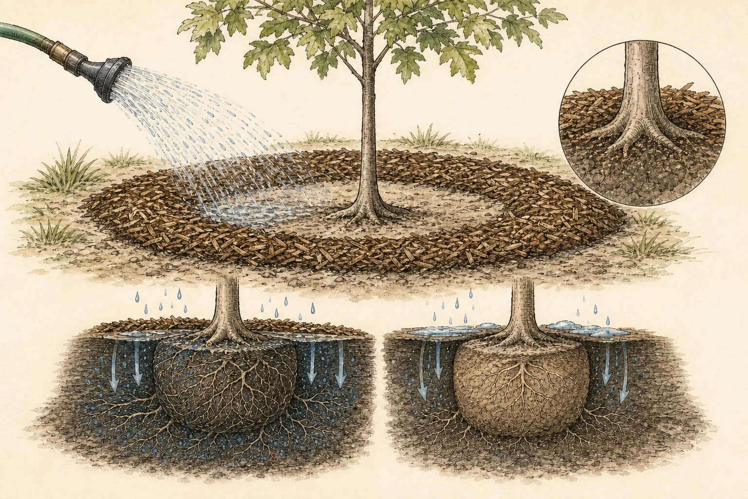 A newly planted tree receives slow water across the root ball and backfill while its root flare remains exposed inside a broad mulch ring