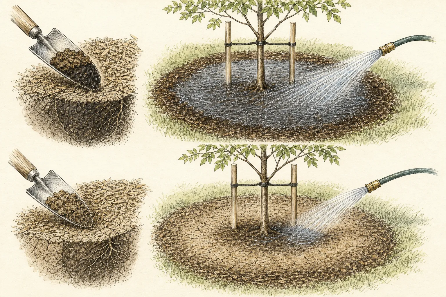 A hand probe checks moisture inside the root ball, at its edge, and in the surrounding soil after slow watering