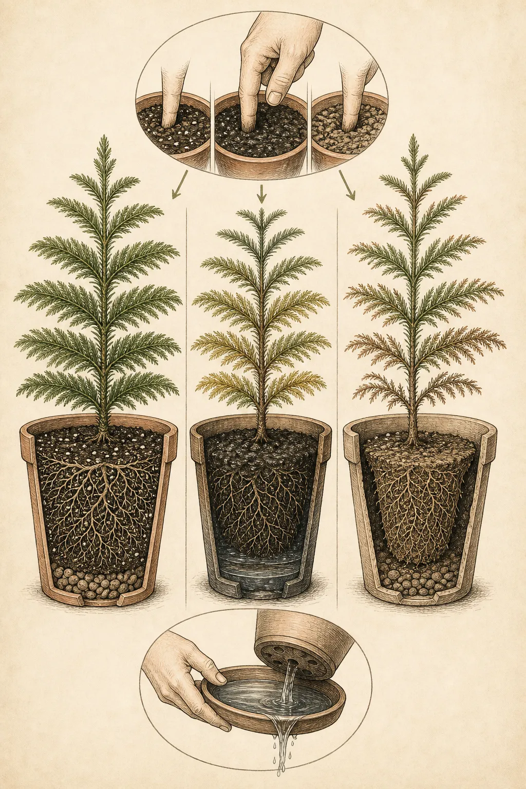 A cutaway board compares an evenly moist Norfolk Island pine root ball with a waterlogged cachepot and a bone-dry shrinking root mass