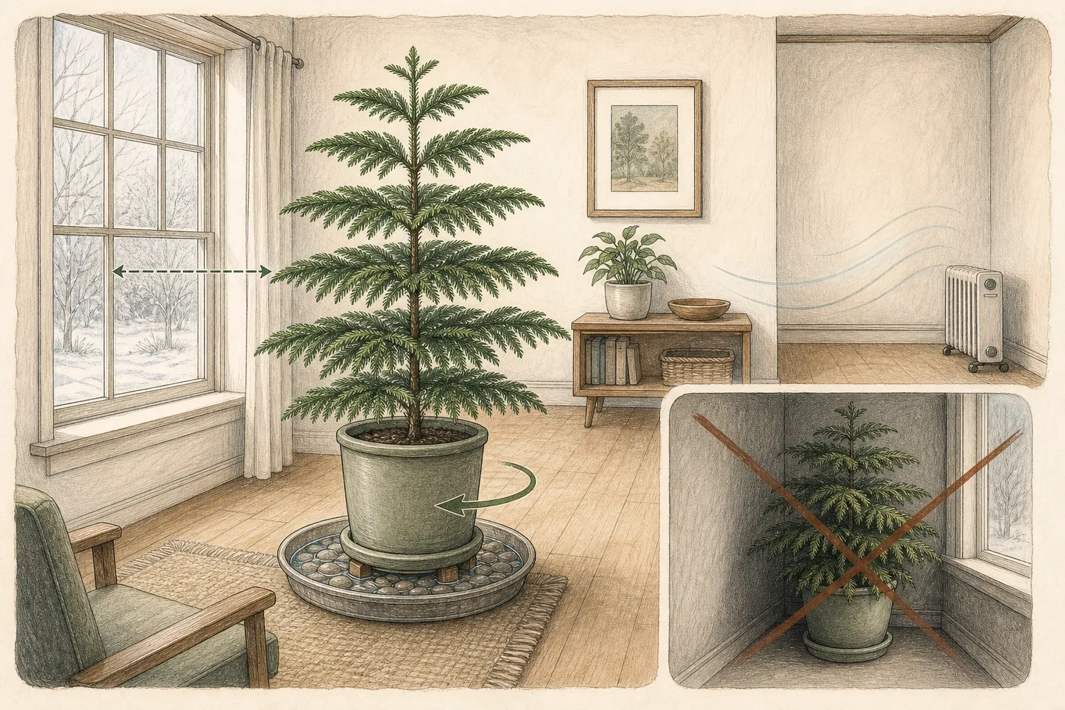 A Norfolk Island pine stands near a bright window with space from glass, a humidity tray below, and no nearby heater or draft source