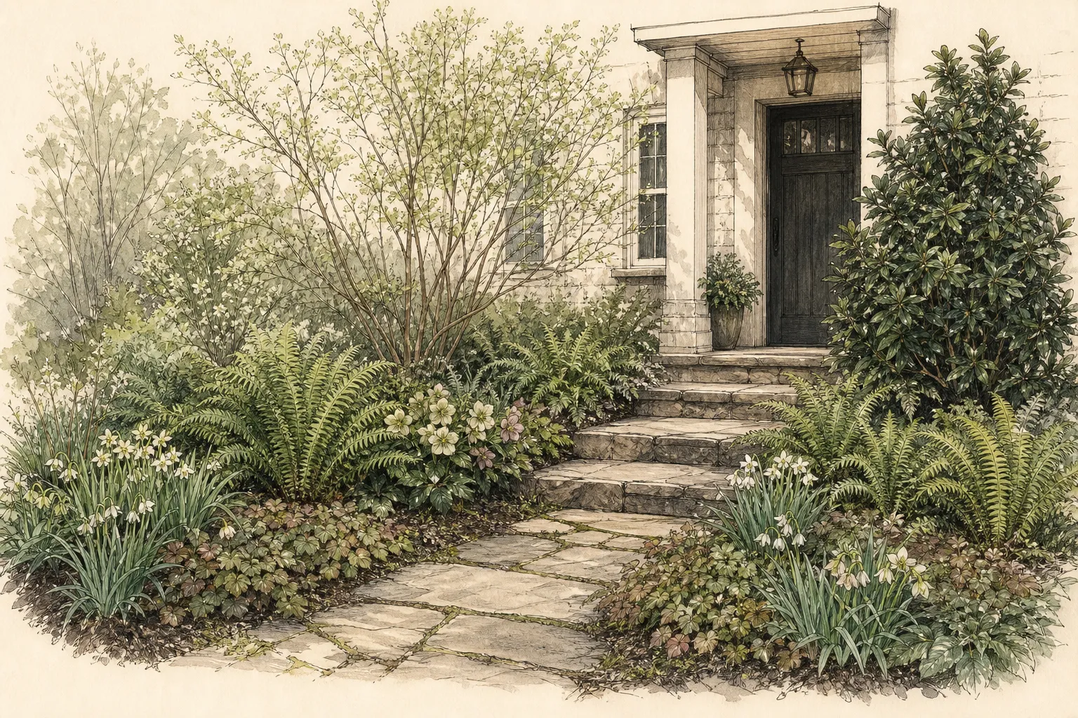 Oblique elevation of a north-facing entry with an evergreen shrub, airy woody layer, ferns, hellebores, epimedium and pale bulbs