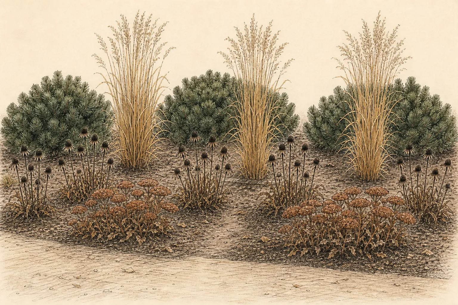 Hand-drawn November garden elevation with dark rounded pines behind tawny switchgrass plumes, black coneflower cones, copper stonecrop heads, and visible soil gaps