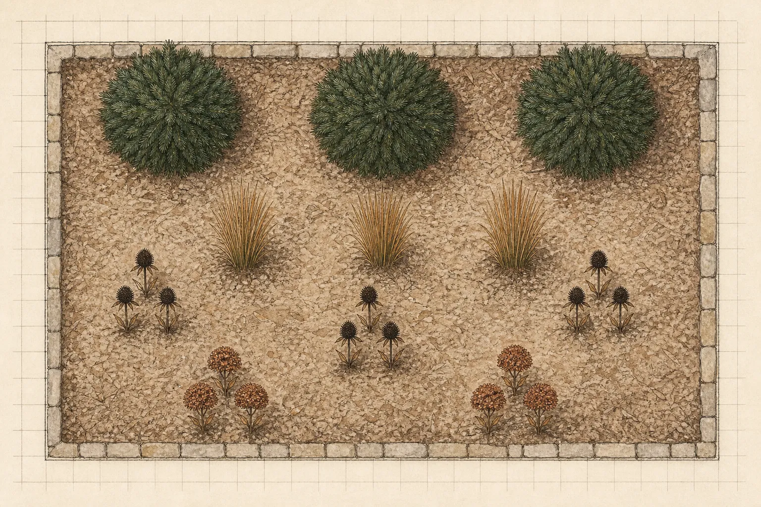 Overhead measured plan of a twenty-by-twelve-foot border with three dwarf mugo pines, three Northwind switchgrasses, coneflower drifts, stonecrop groups, and open access gaps