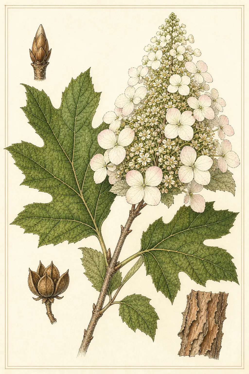 Oakleaf hydrangea botanical plate with deeply lobed leaves, a pyramidal panicle, terminal bud, dry capsule and exfoliating bark