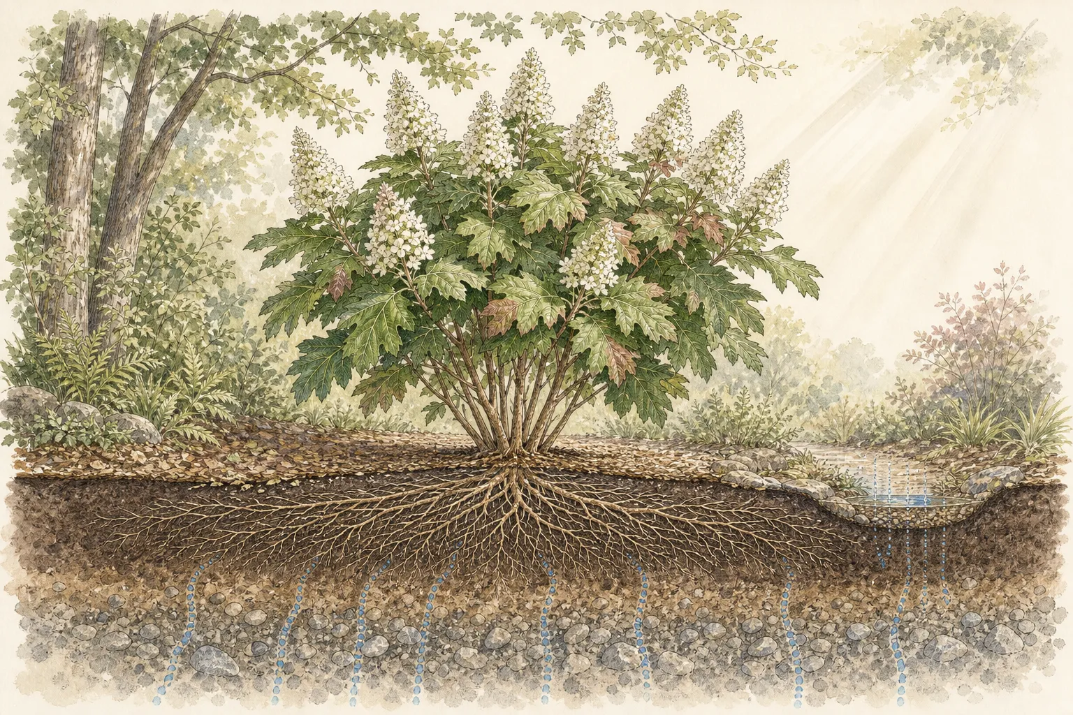 Garden cutaway of oakleaf hydrangea in filtered light with the crown at grade, crown-clear mulch and a broad root zone above draining soil