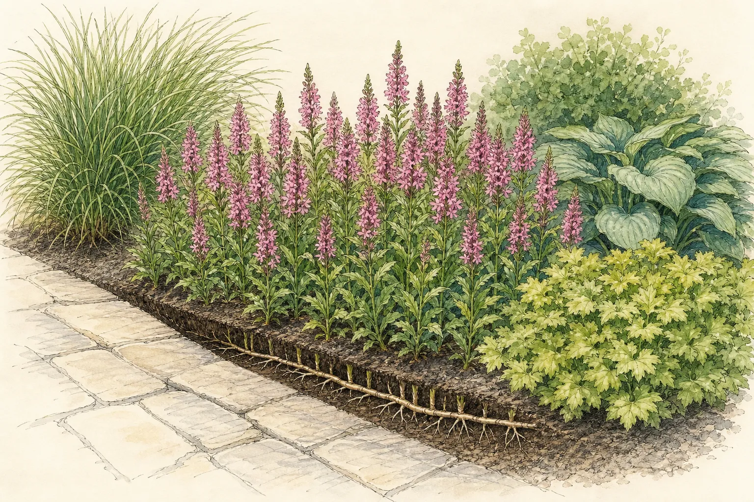 Garden study showing the placement and growth habit of Obedient Plant