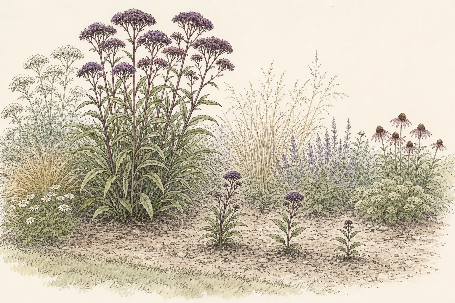 Garden study showing the placement and growth habit of Orange Coneflower