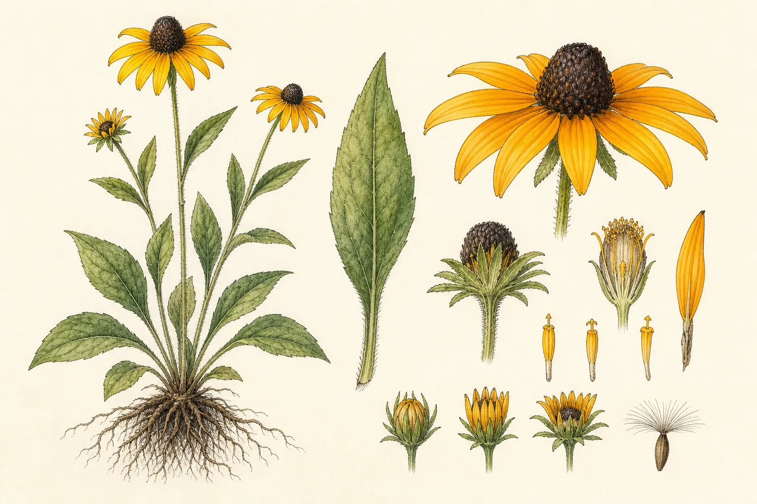 Botanical identification plate of Orange Coneflower, Rudbeckia fulgida