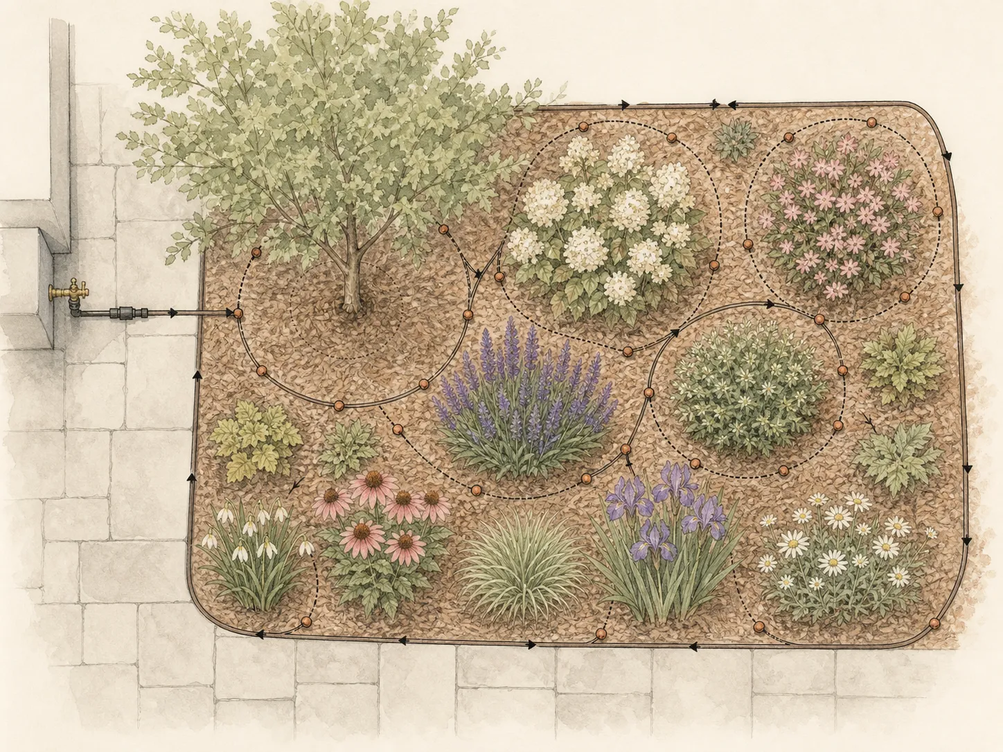 Overhead plan routing dripline and emitters around a small tree, shrubs, perennials and bulbs without wetting crowns
