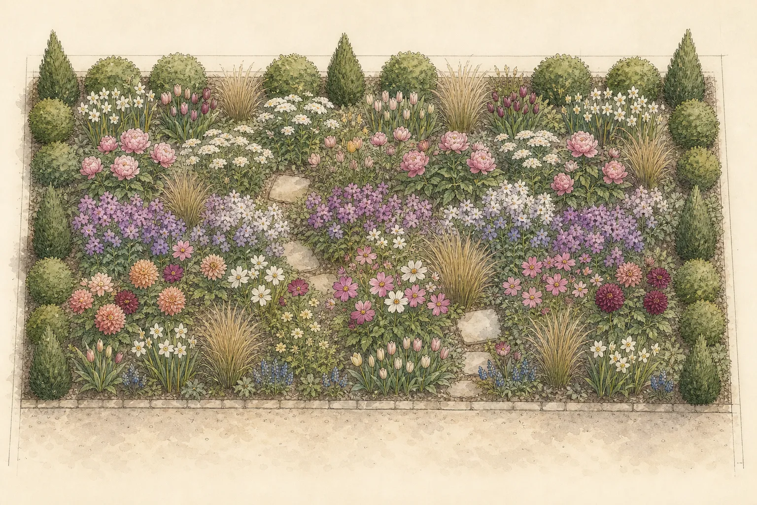 Overhead plan of an ornamental cut-flower border with permanent structure, repeated harvest groups, hidden access path, support lines, and cutting zones