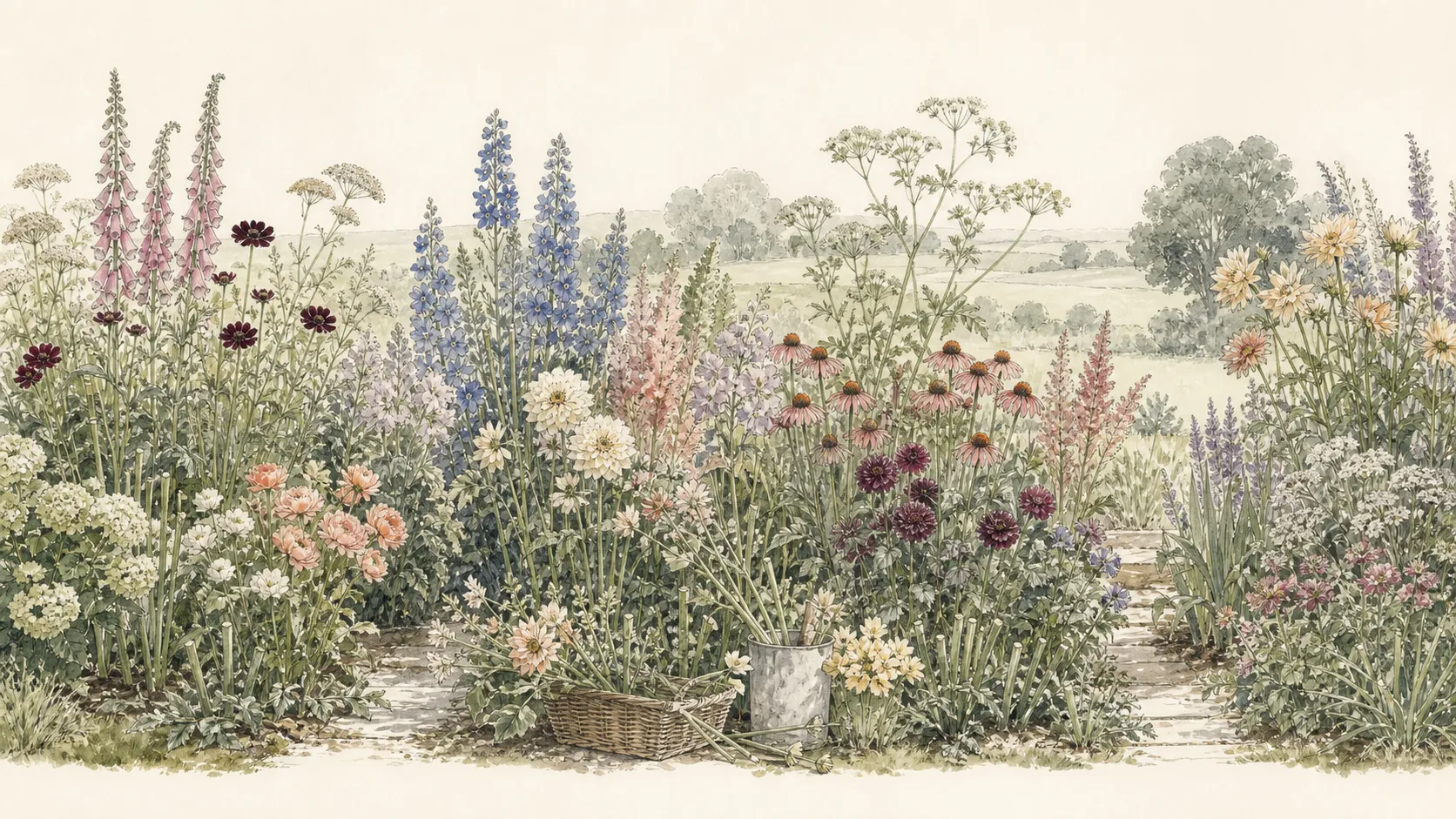 Layered ornamental border with flowering shrubs, perennials, annual cut flowers, grasses, and one discreet harvest opening