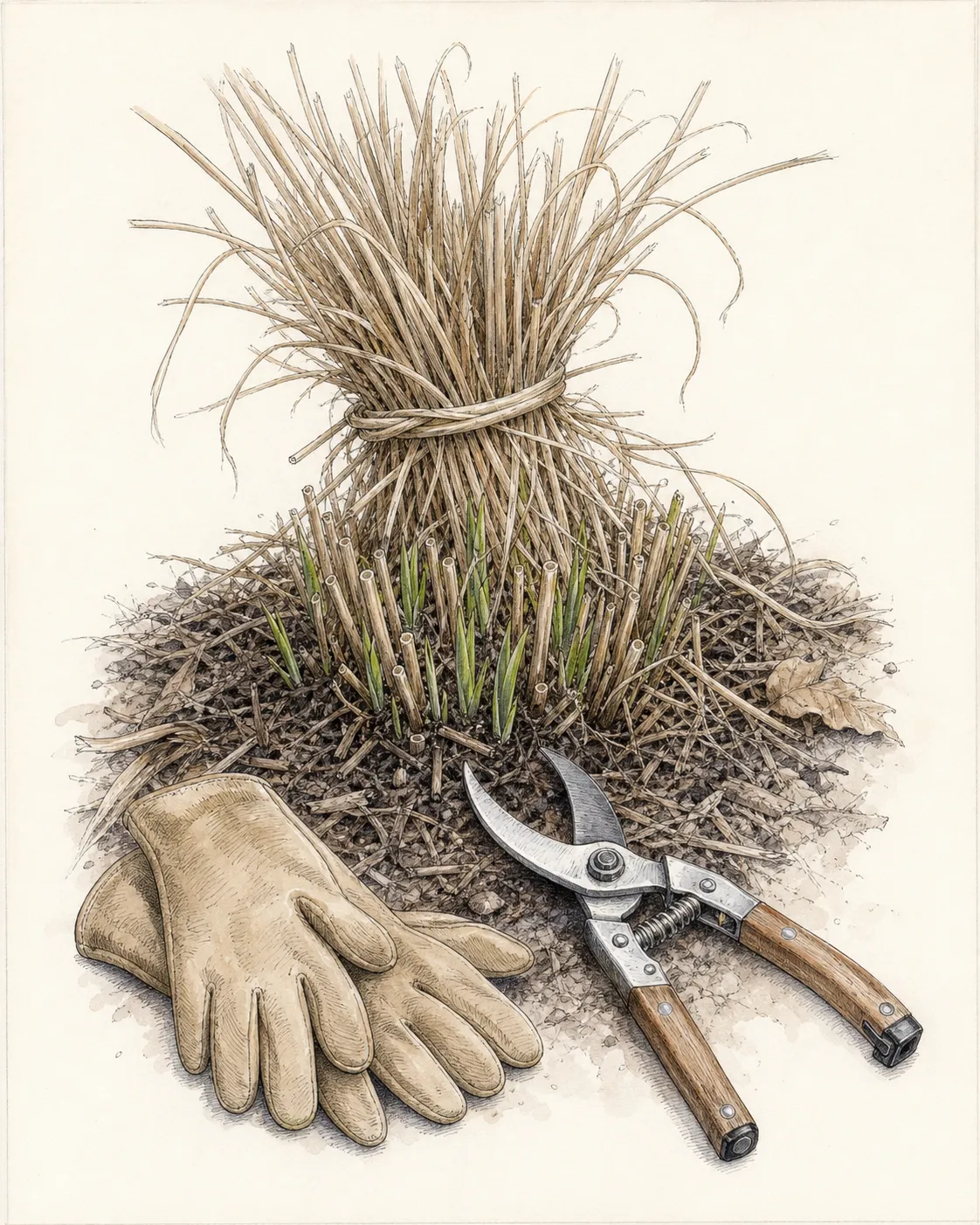 Close botanical view of dry ornamental grass stems tied above tiny green crown shoots with bypass shears positioned safely