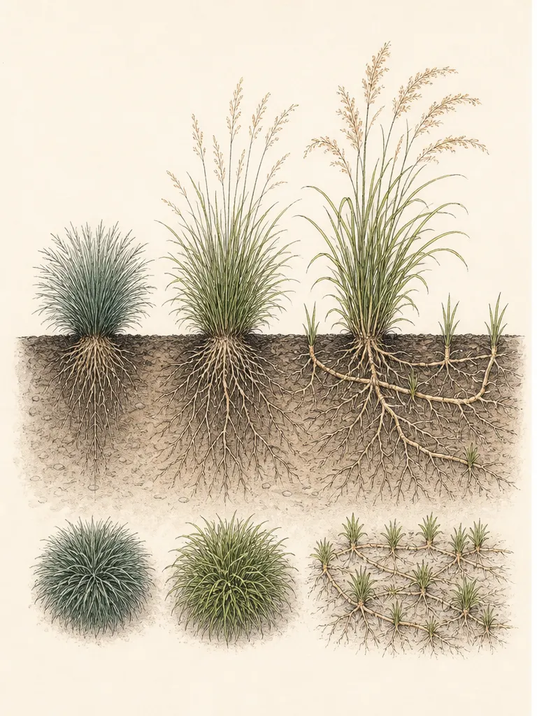 Four complete ornamental grass silhouettes comparing narrow upright, arching fountain, low mound, and spreading colony habits at mature size