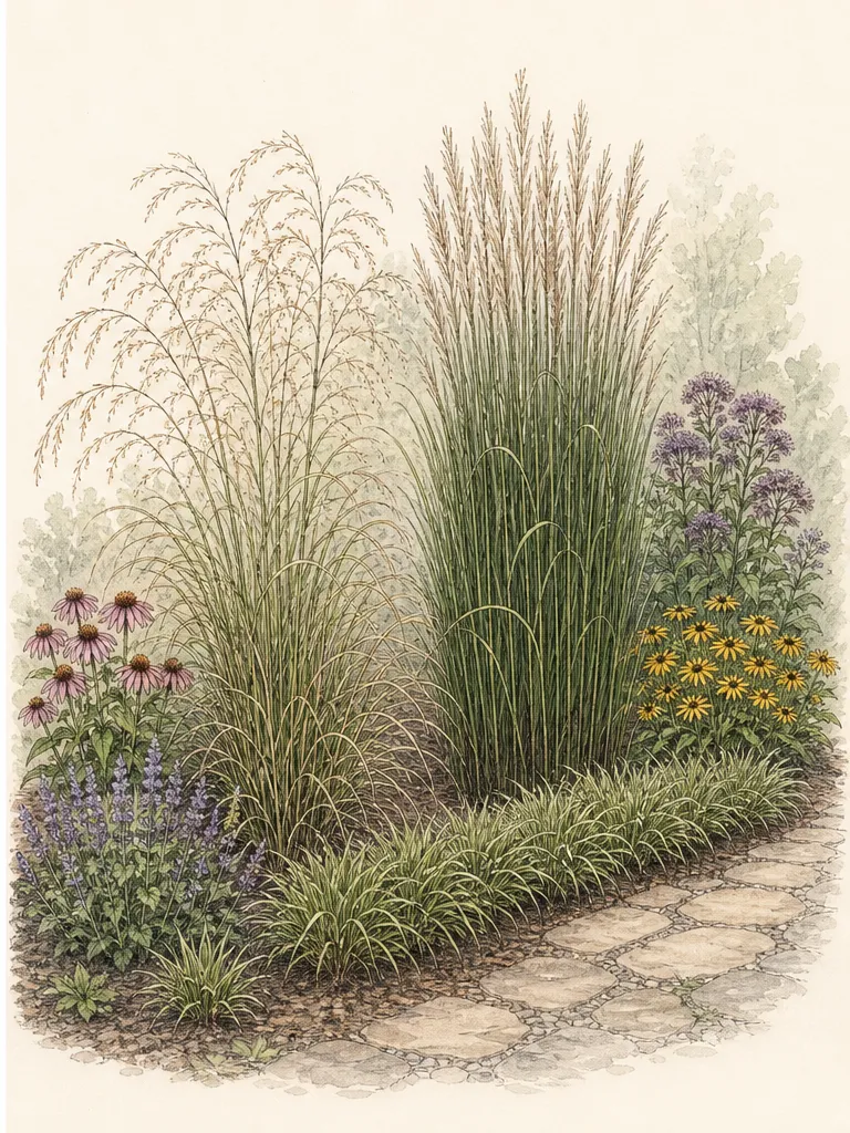 Seasonal sequence comparing a cool-season upright grass and a warm-season arching grass from spring growth through winter structure