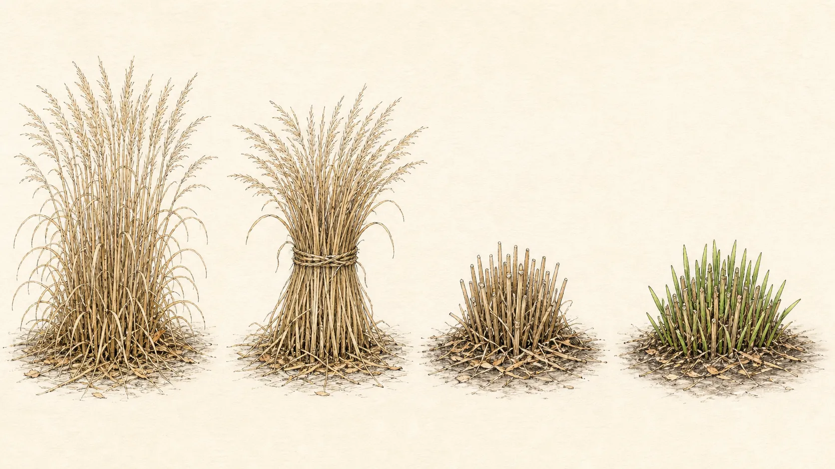 Continuous spring sequence showing a deciduous ornamental grass gathered, cut above emerging shoots and cleared to a clean crown