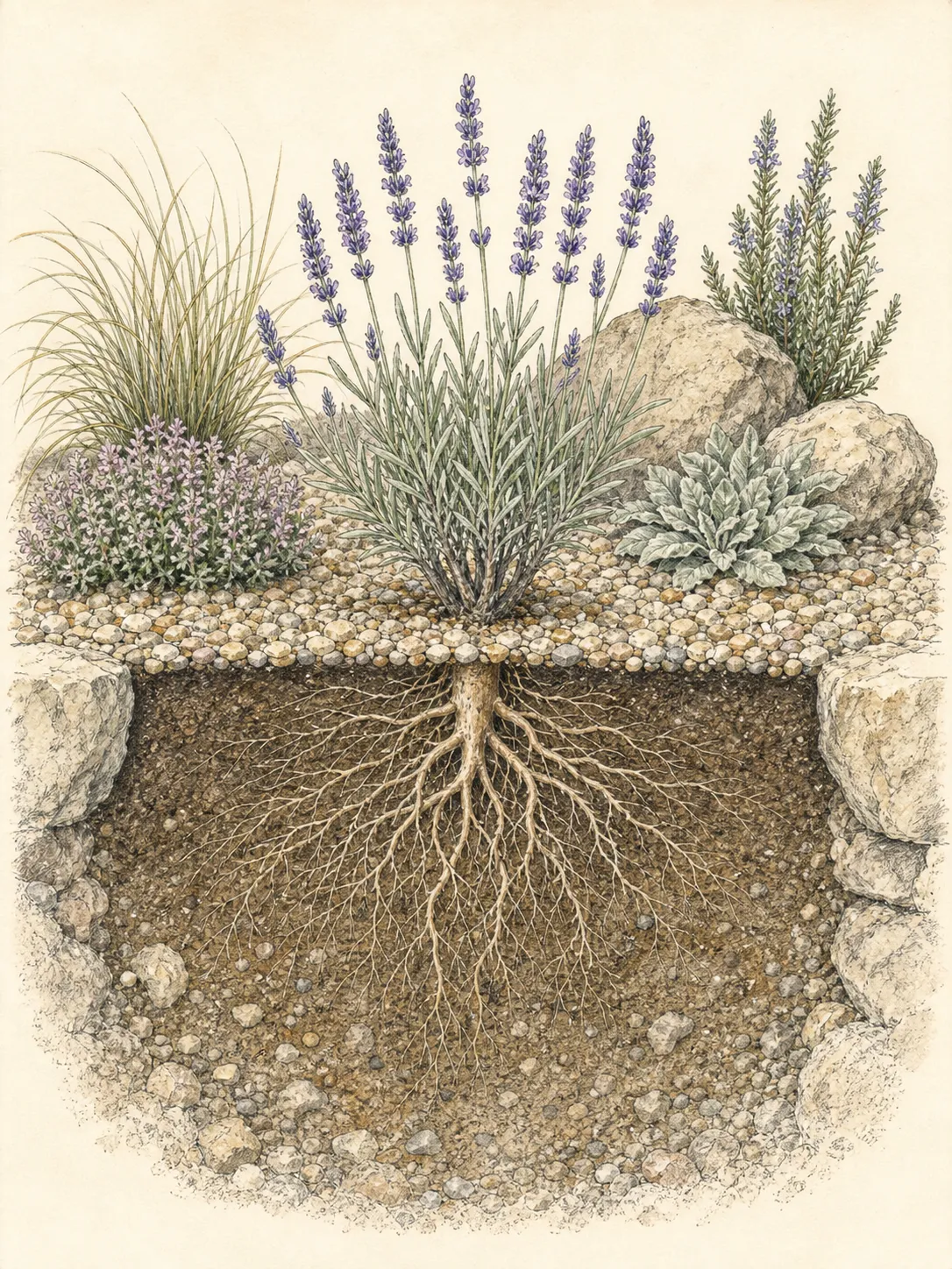 Gravel-garden soil cutaway with free-draining mineral soil, a thin gravel mulch and an exposed perennial crown
