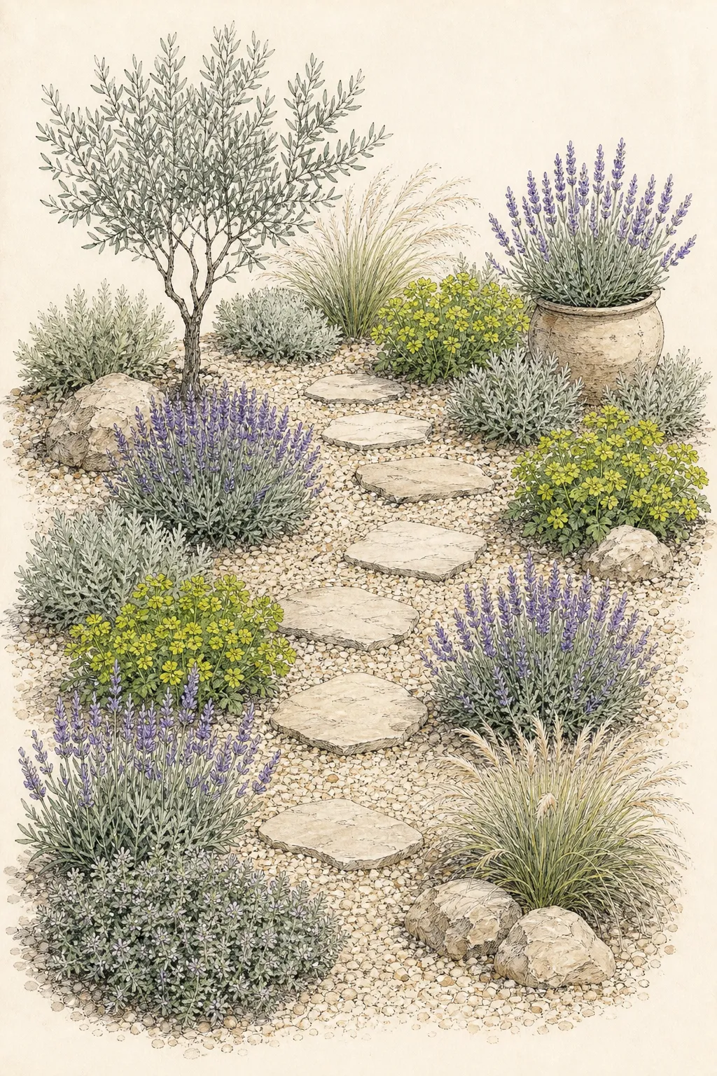 Airy gravel garden with lavender, thyme, euphorbia and feather grass repeated around a stepping route