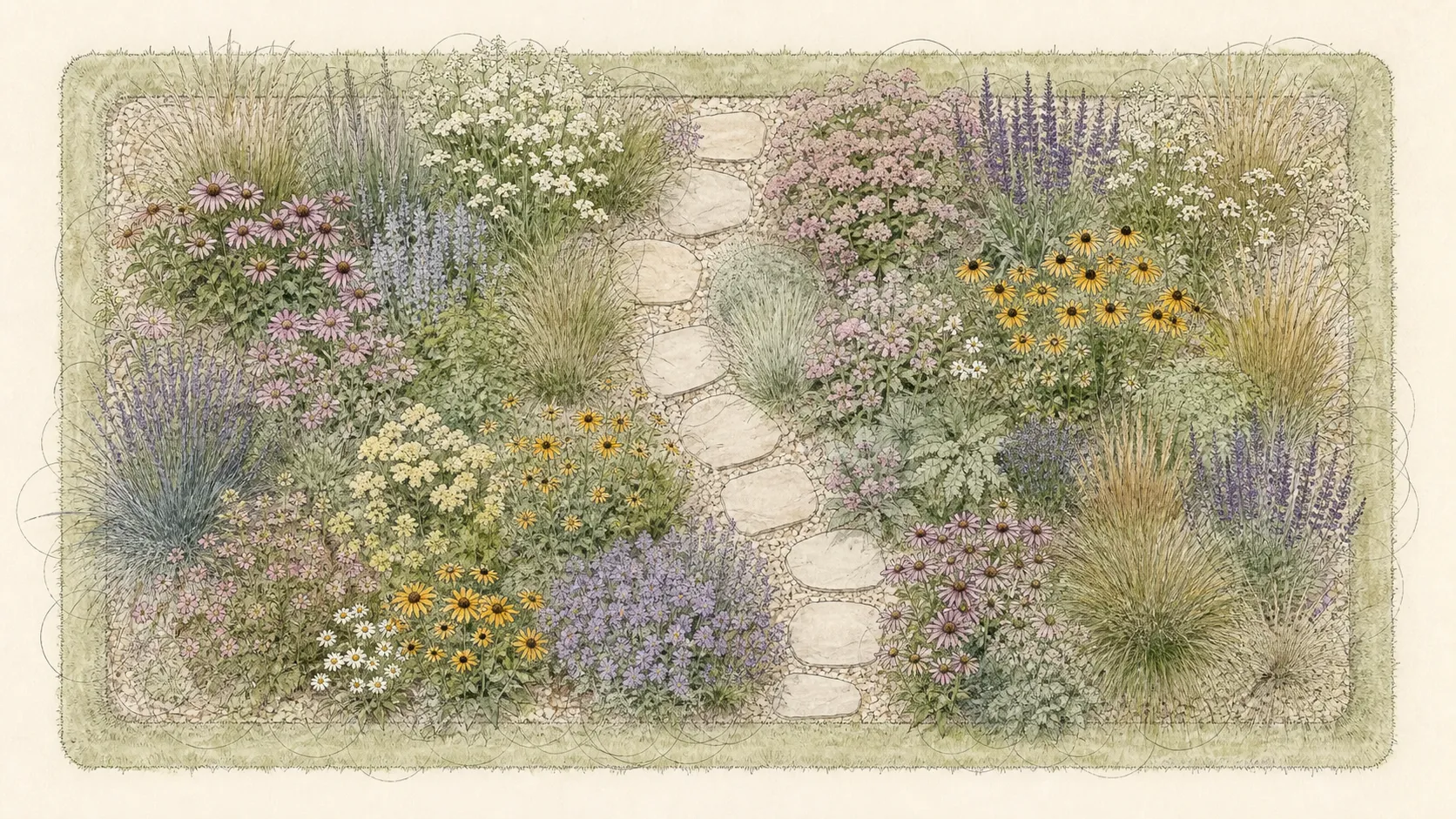 Top-down small meadow plan with repeated plug matrices, crisp edge and stepping-stone access