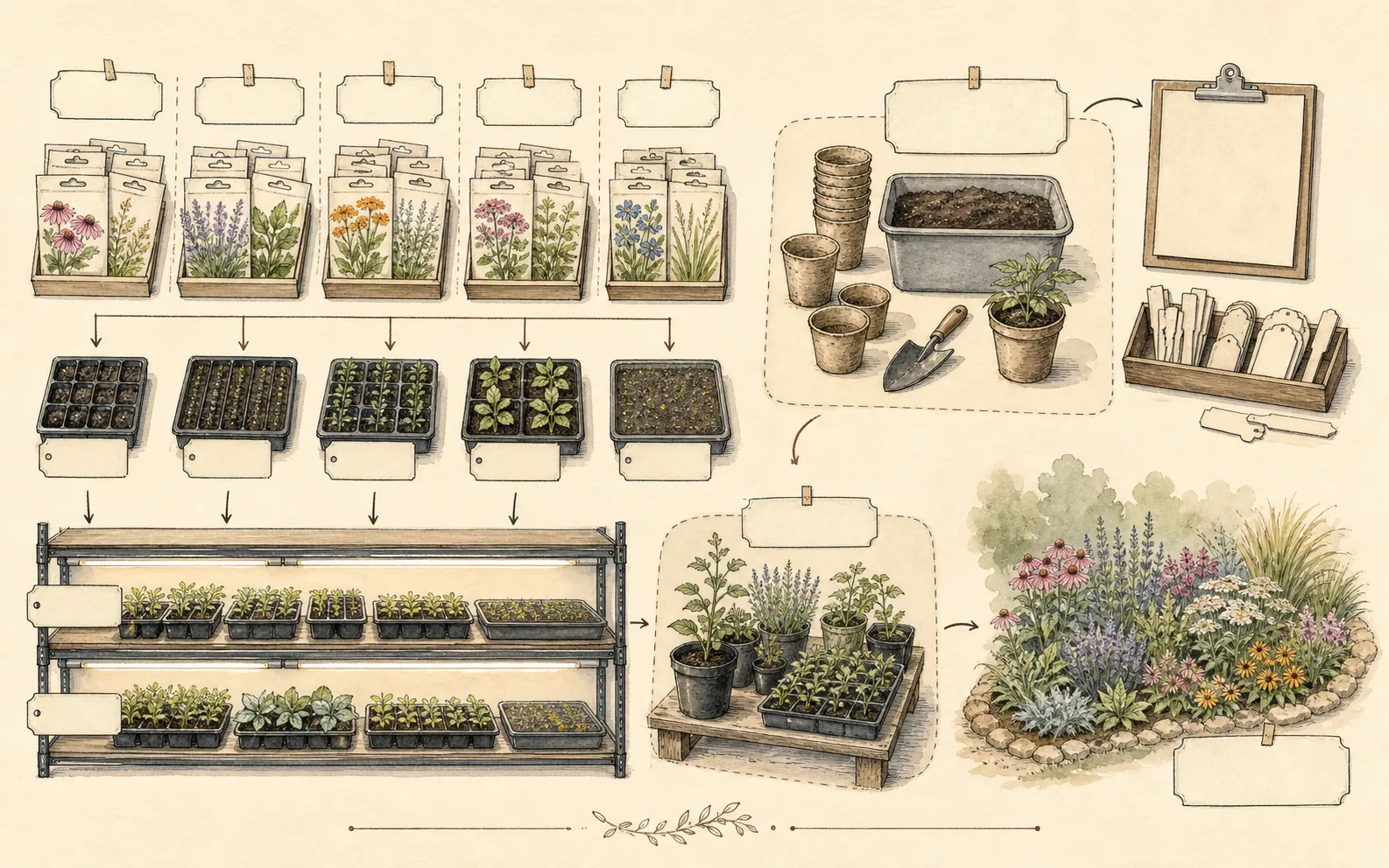 Propagation bench plan showing weekly tray, light, potting, quarantine, and hardening capacity across a flower seed schedule