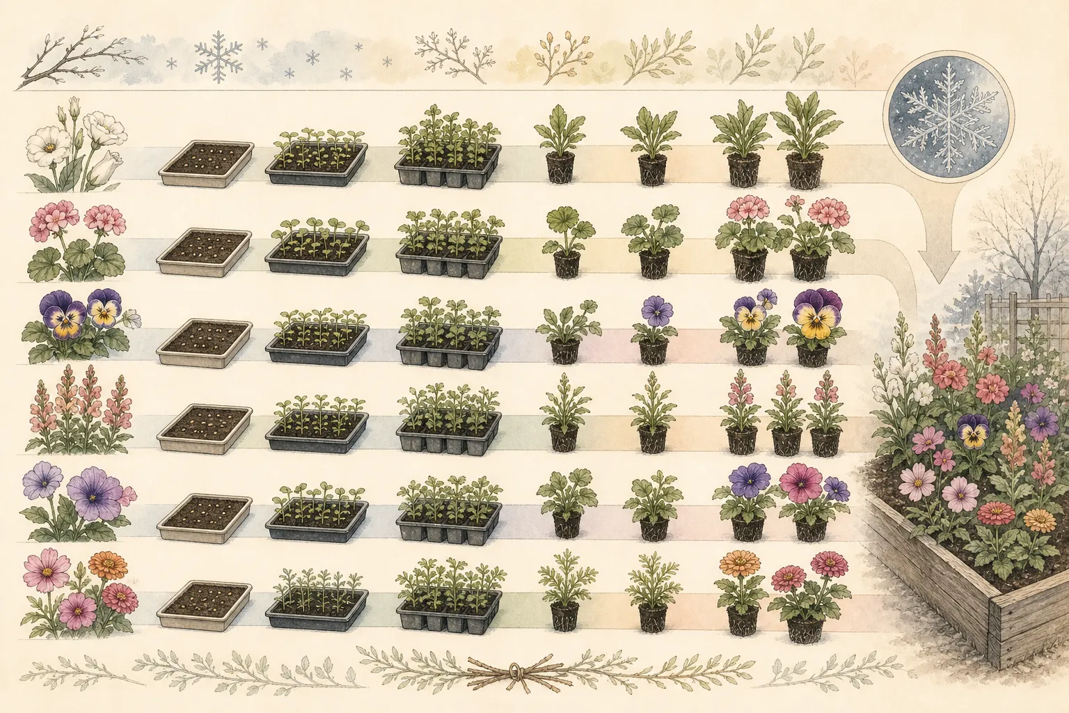 Backward ornamental seed calendar showing garden installation, hardening, potting, emergence, sowing, and pretreatment for several flower groups