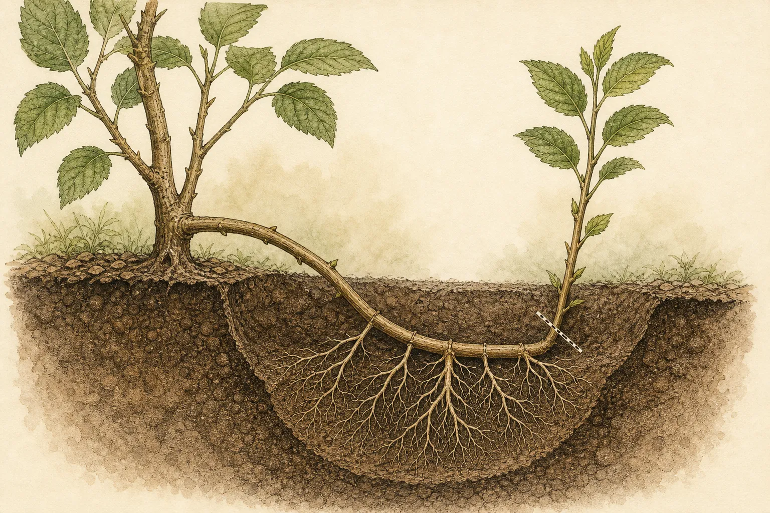 Soil cutaway showing a pinned node with a dense new root system and the later separation cut toward the parent