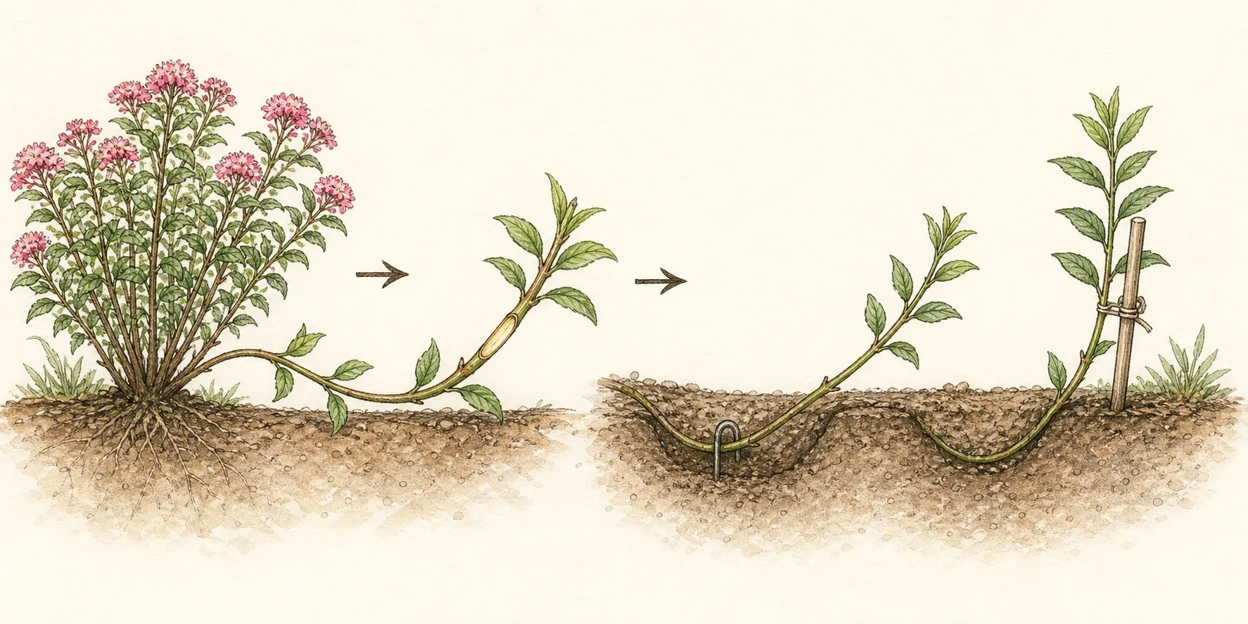 Four-stage botanical sequence showing a shrub stem bent, wounded at a node, pinned under soil, and rooted while attached