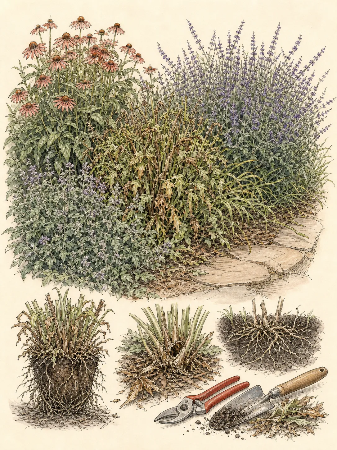 Dense perennial border with merging plant masses, a declining center and crowded path edge