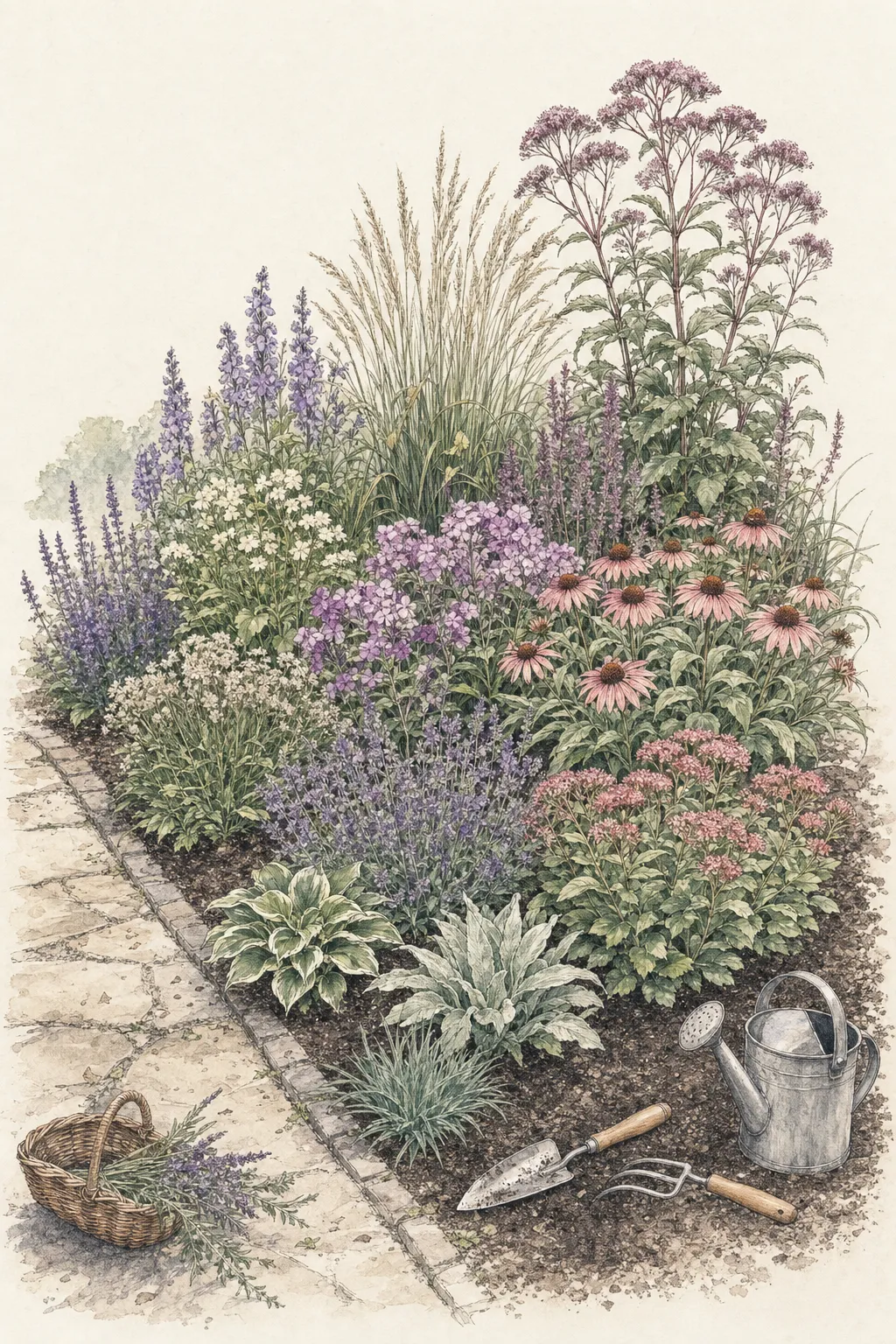 Edited perennial border with repeated drifts, visible access pockets and a clearer low-to-tall rhythm