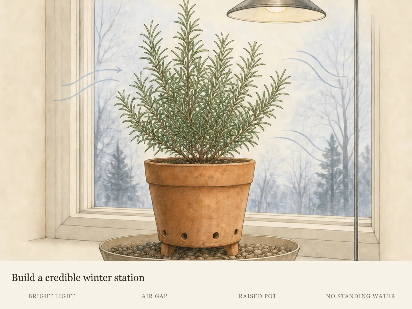 Potted rosemary at a bright cool window with foliage clear of glass, open air, drainage holes, and the pot raised above tray water