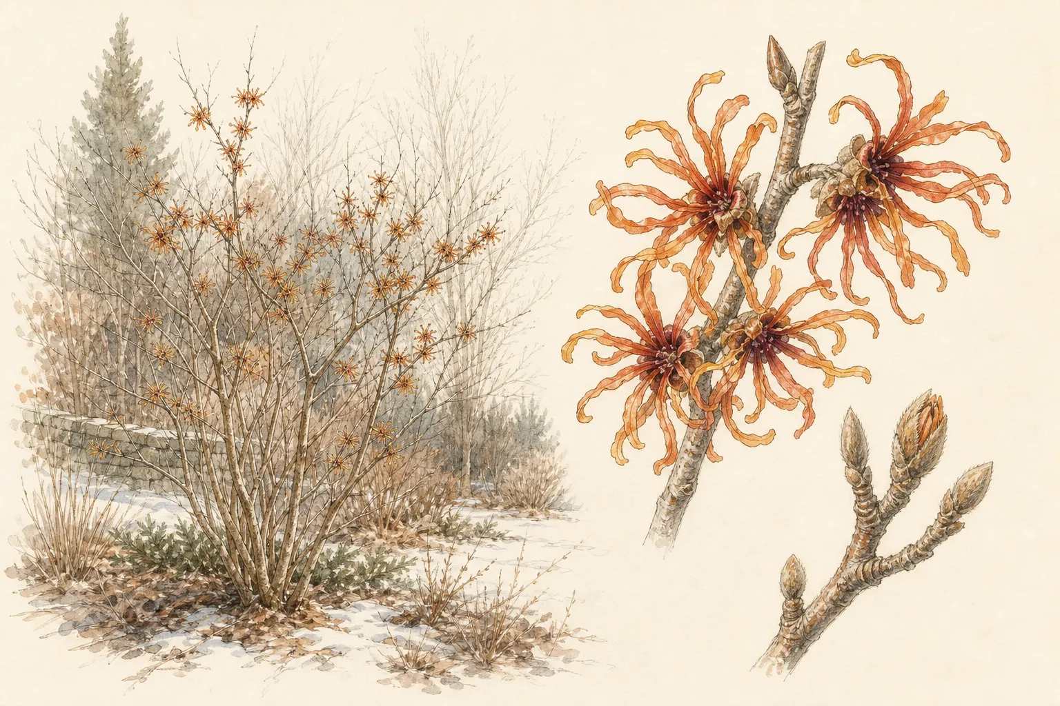 Botanical study of Ozark witch hazel showing its multi-stem habit, ribbon-like winter flowers, buds, and leaves