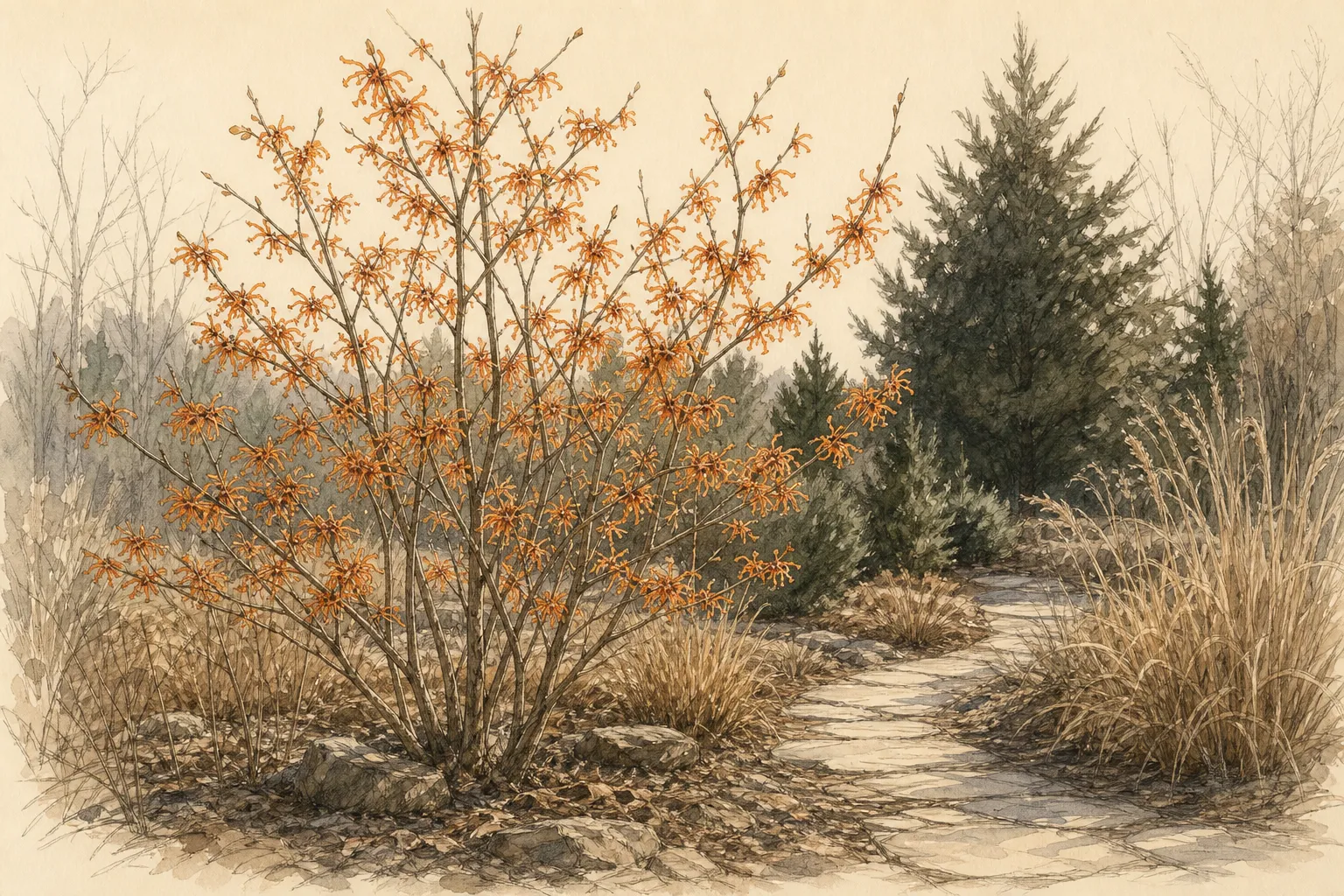 Mature Ozark witch hazel flowering beside a late-winter garden path with dark evergreen backing
