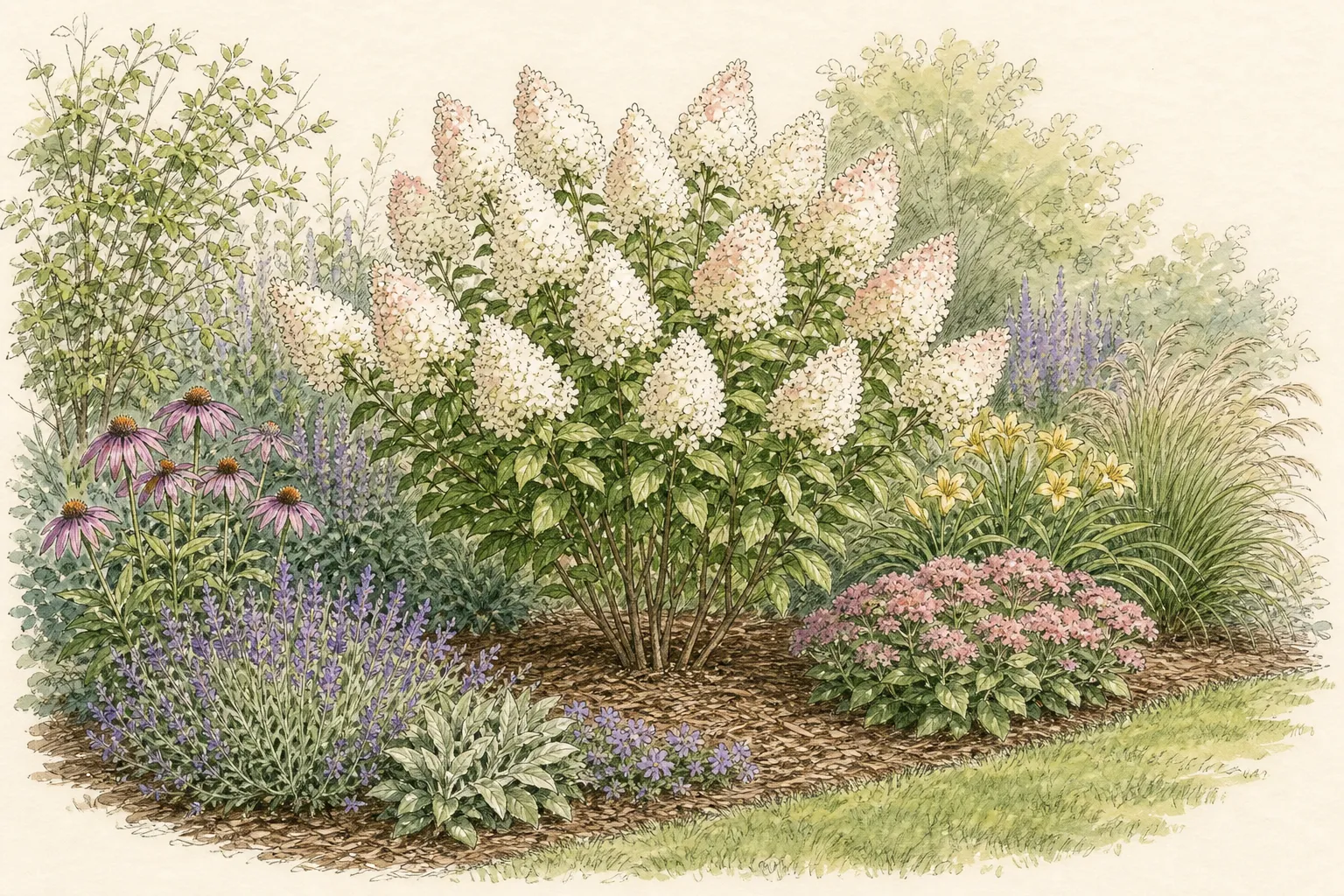 Garden placement study showing mature Panicle Hydrangea in an ornamental planting