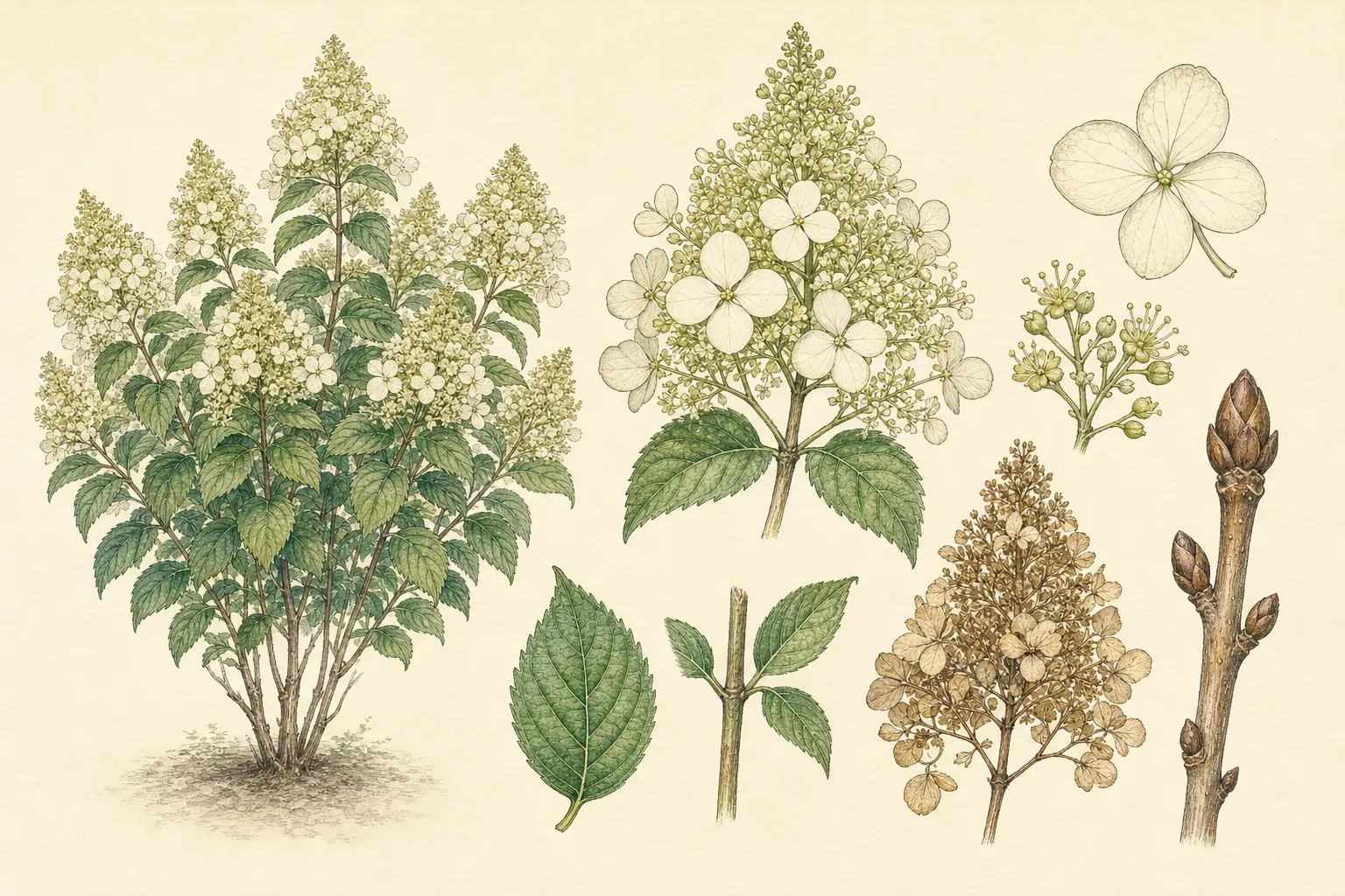 Botanical identification plate of Panicle Hydrangea, Hydrangea paniculata