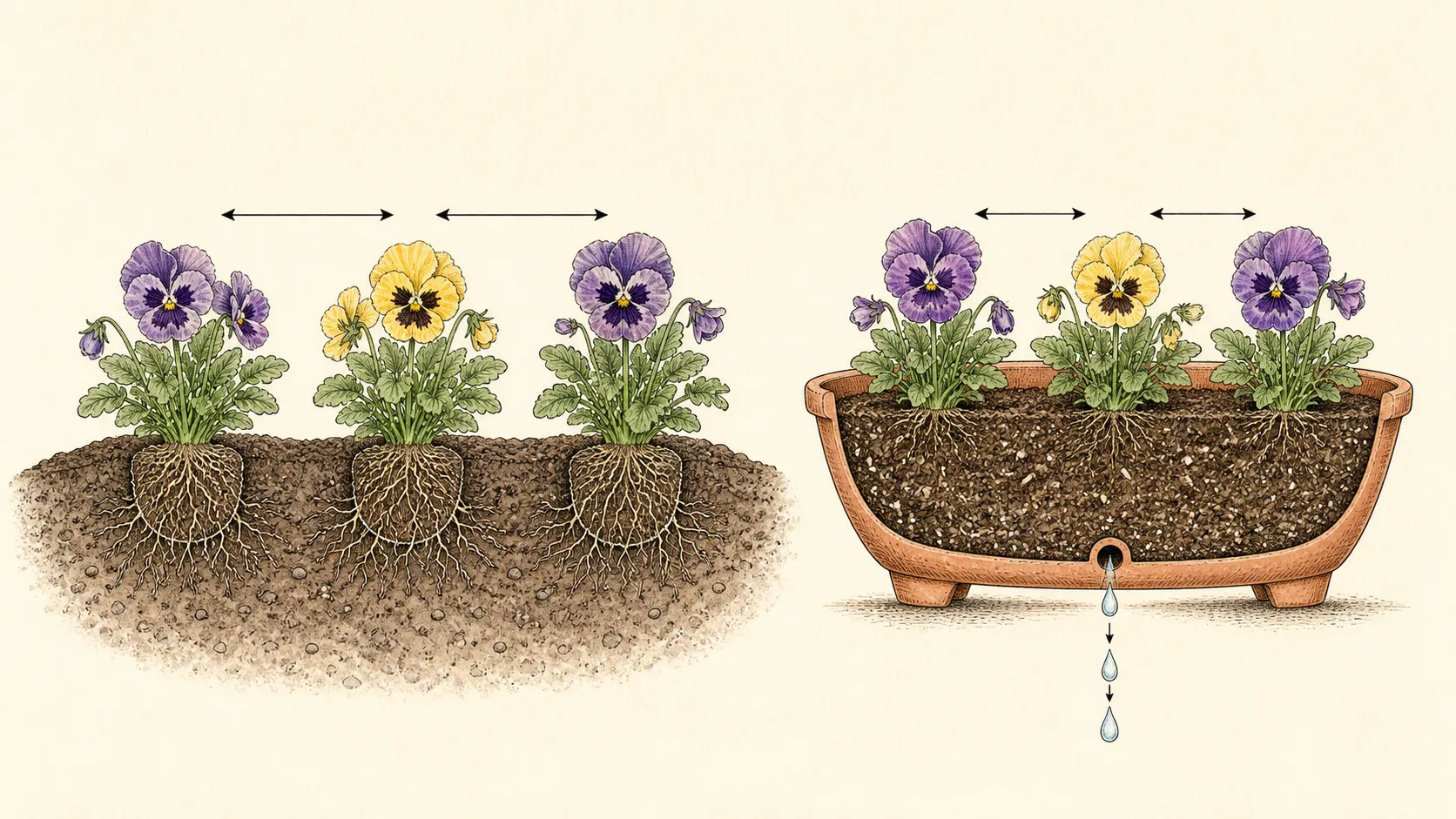 Pansies planted at soil level in a raised bed and a fully drained terracotta container with visible spacing and roots