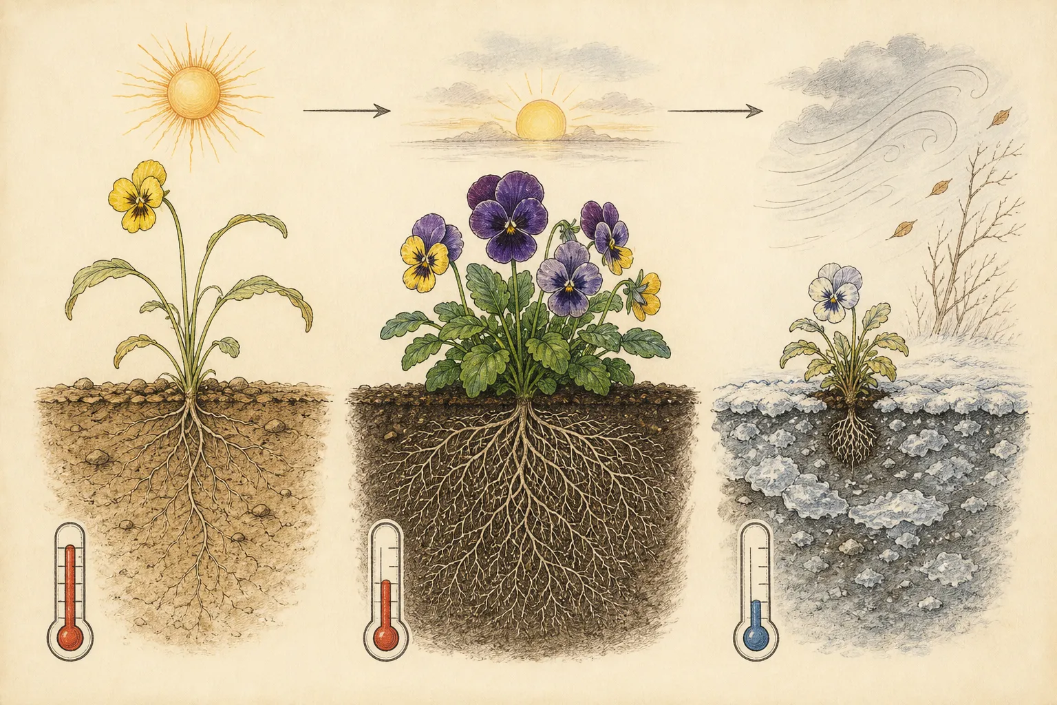 Three pansy and root-zone states showing heat-stretched growth, compact cool-weather establishment, and a cold-stalled transplant