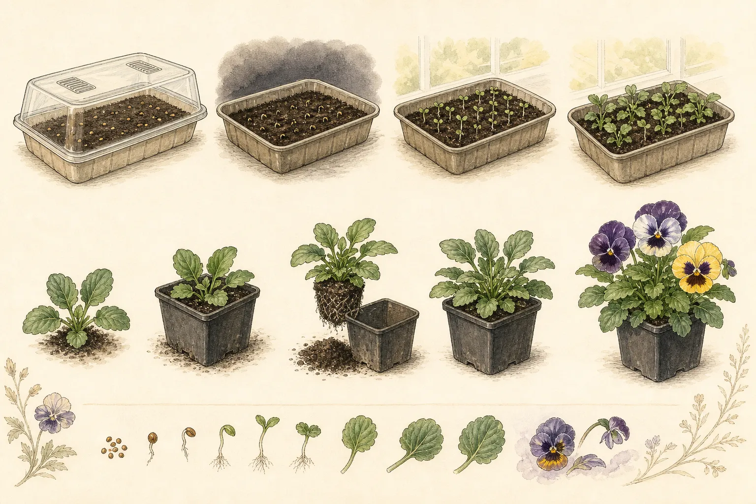 Botanical sequence from pansy seed through covered sowing, cotyledons, true leaves, a compact plug, and a flowering transplant