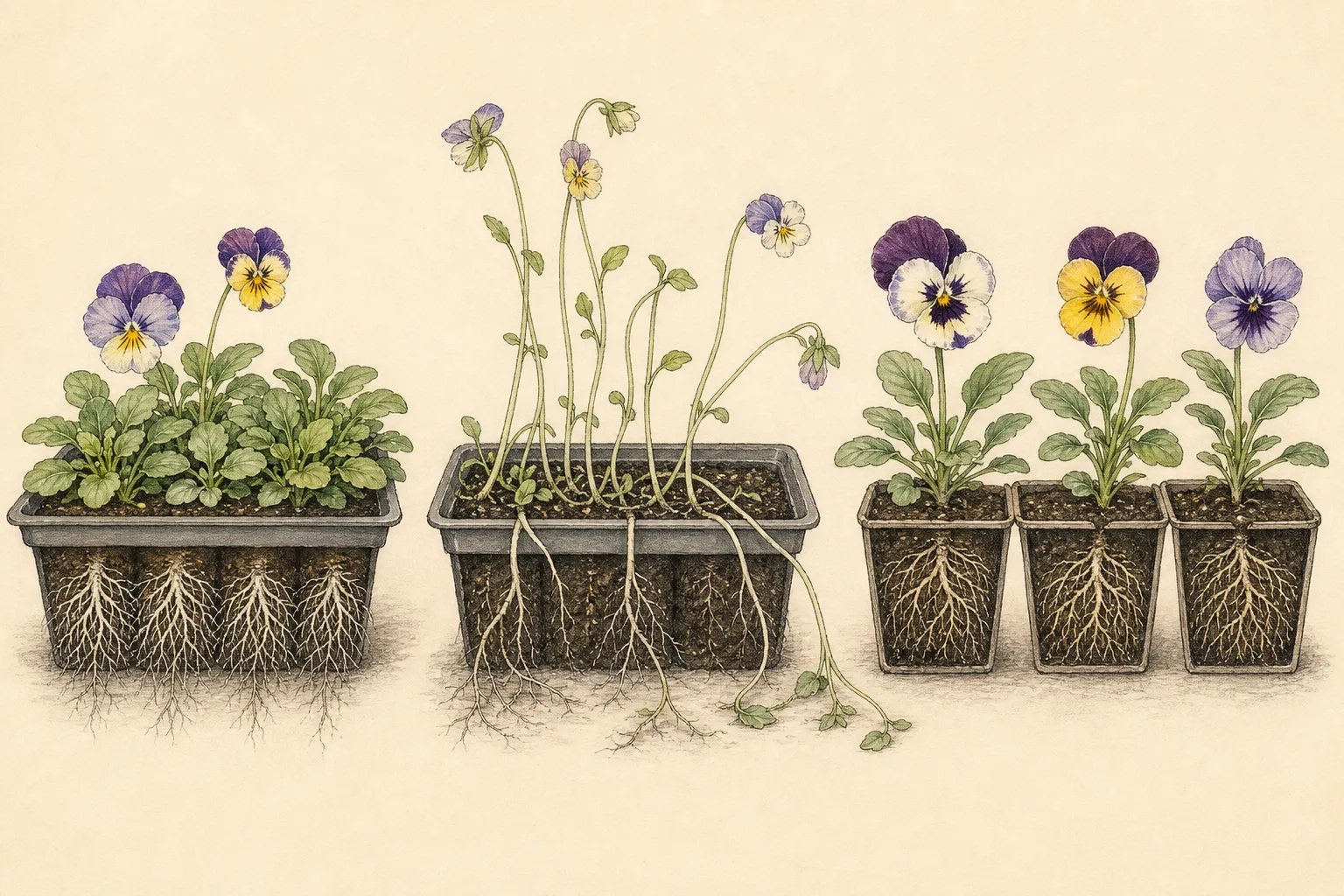 Comparison of compact pansy seedlings in cool bright conditions with elongated seedlings in warm dim conditions and wet collapsed seedlings