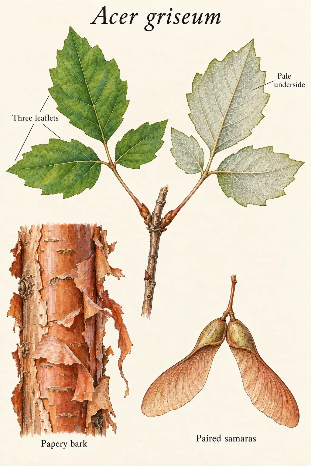 Acer griseum twig with opposite three-leaflet leaves, one showing its pale underside, beside separate papery bark and paired samara studies