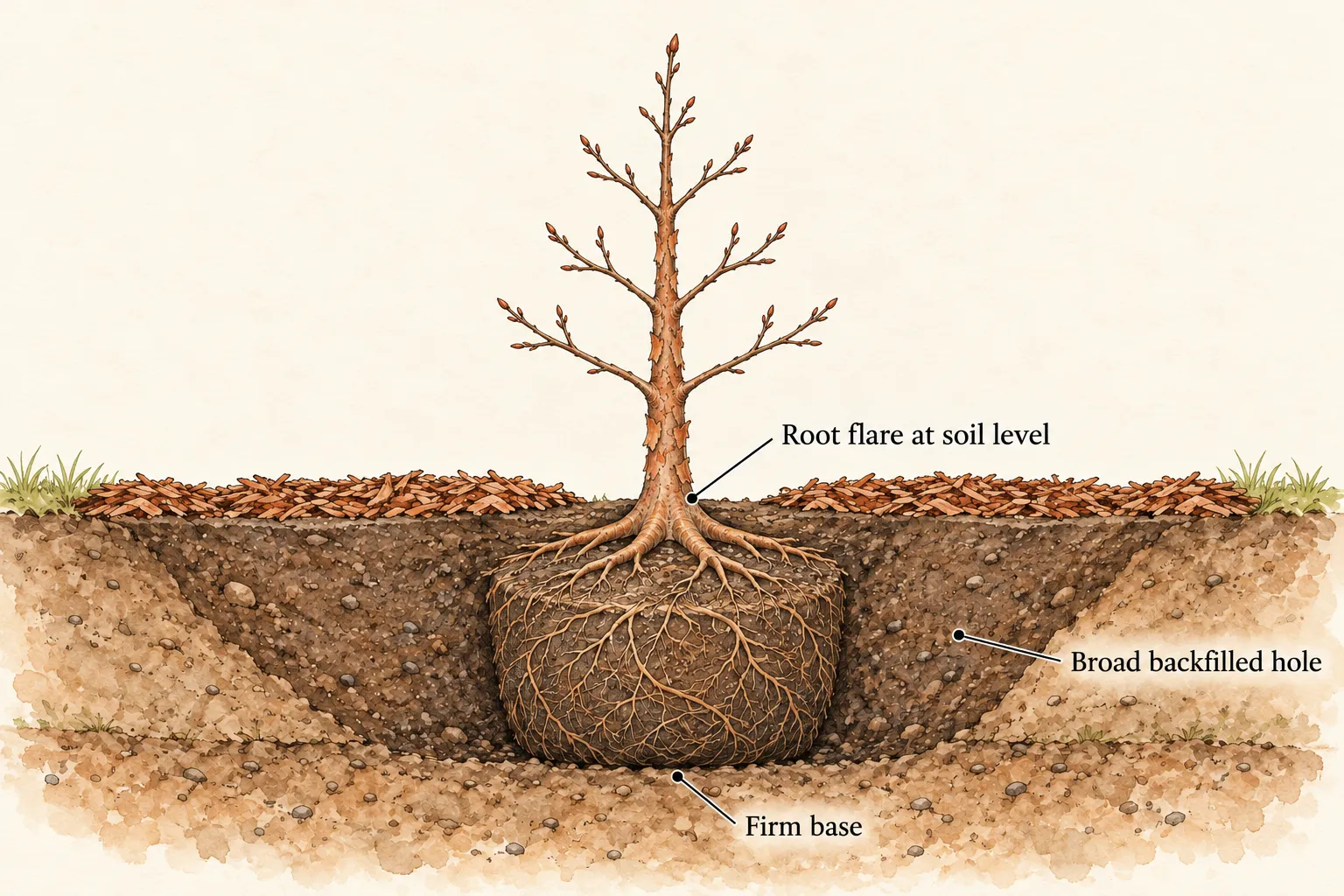 Young paperbark maple in a cutaway planting hole with its root flare at soil level, a broad backfilled area, firm base and mulch clear of the trunk