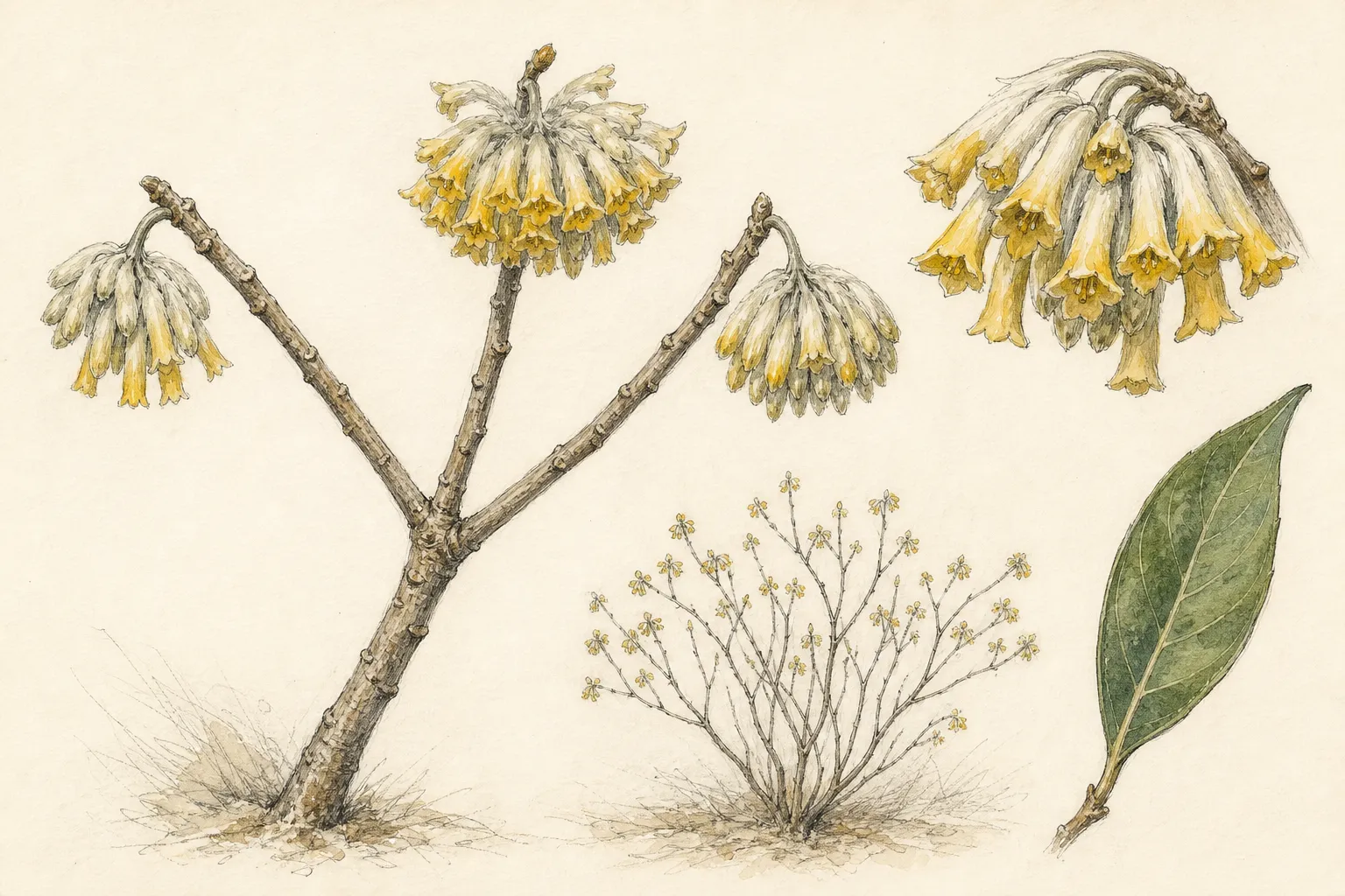 Botanical study of paperbush with three-forked stems, silky flower buds, yellow tubular florets, and a summer leaf