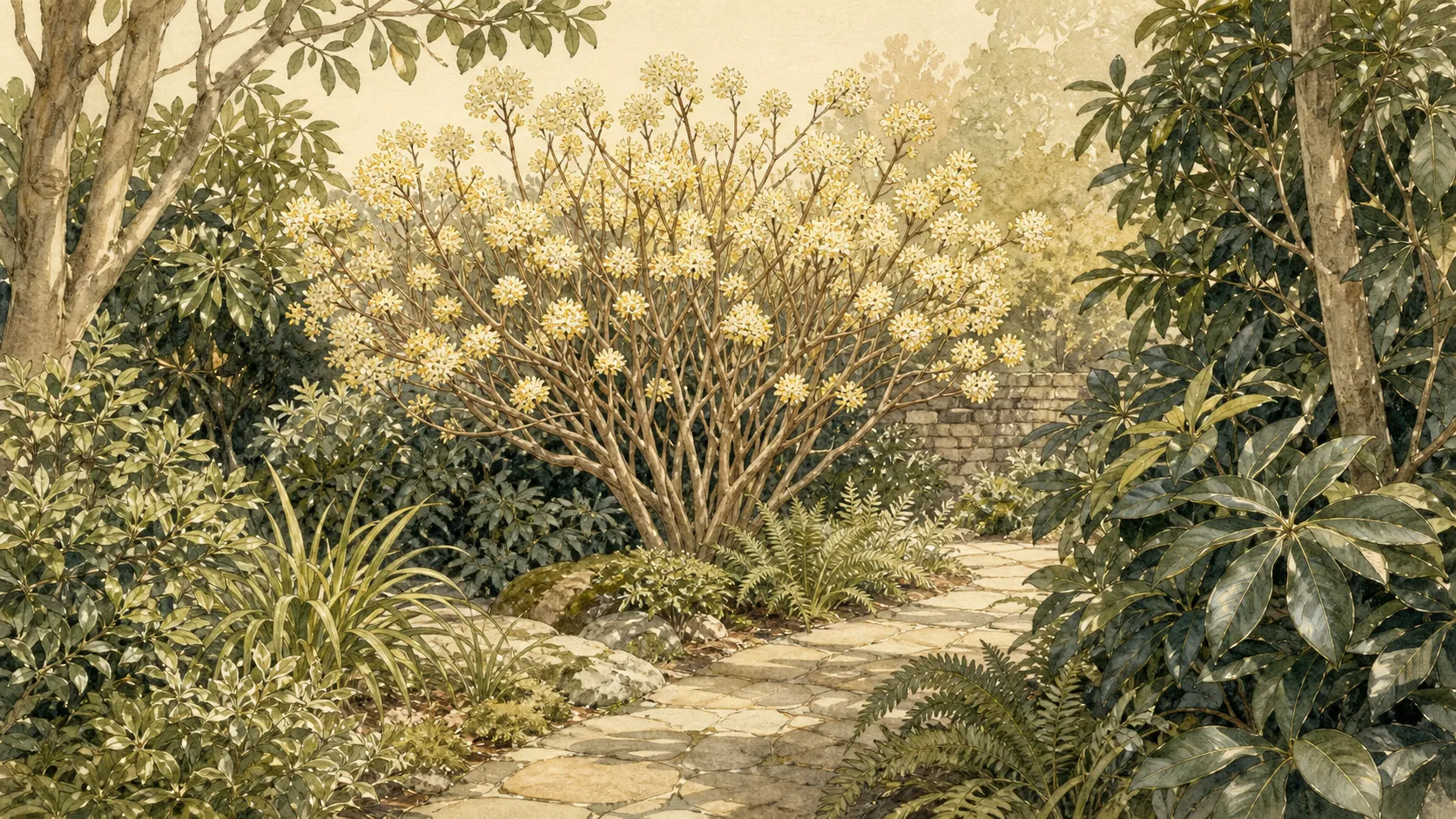 Mature paperbush flowering in a sheltered part-shade border beside a close viewing path