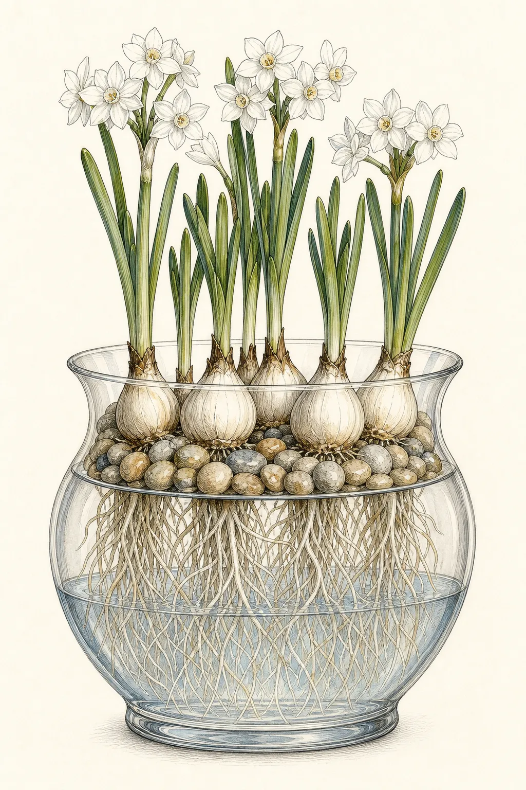 Cutaway of paperwhite bulbs held above water in a pebble vessel with roots growing down into the reservoir