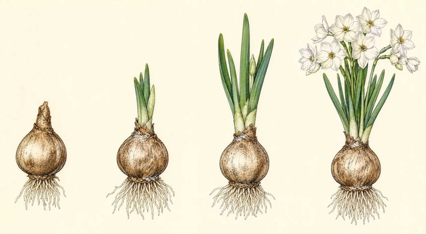 Paperwhite narcissus growth sequence from rooting bulb to compact flowering stems
